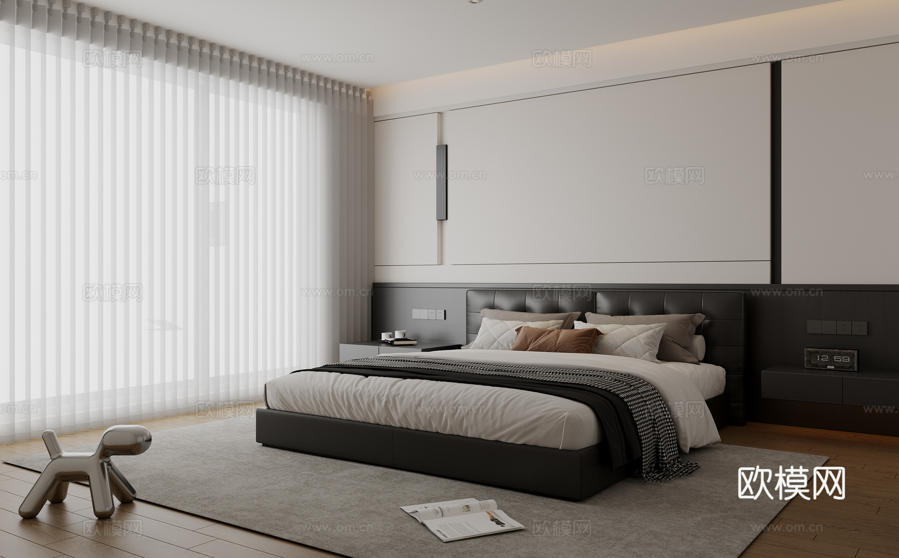 现代极简家居卧室 意式轻奢卧室 黑白灰卧室 布艺双人床 主卧su模型