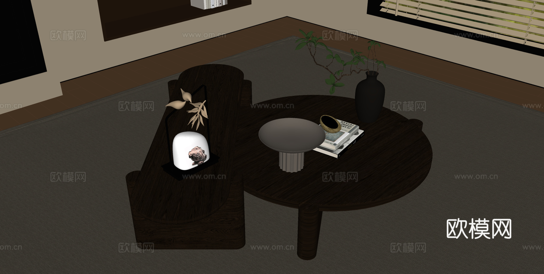 宋式茶几 圆形茶几 木制茶几 绿植摆件su模型