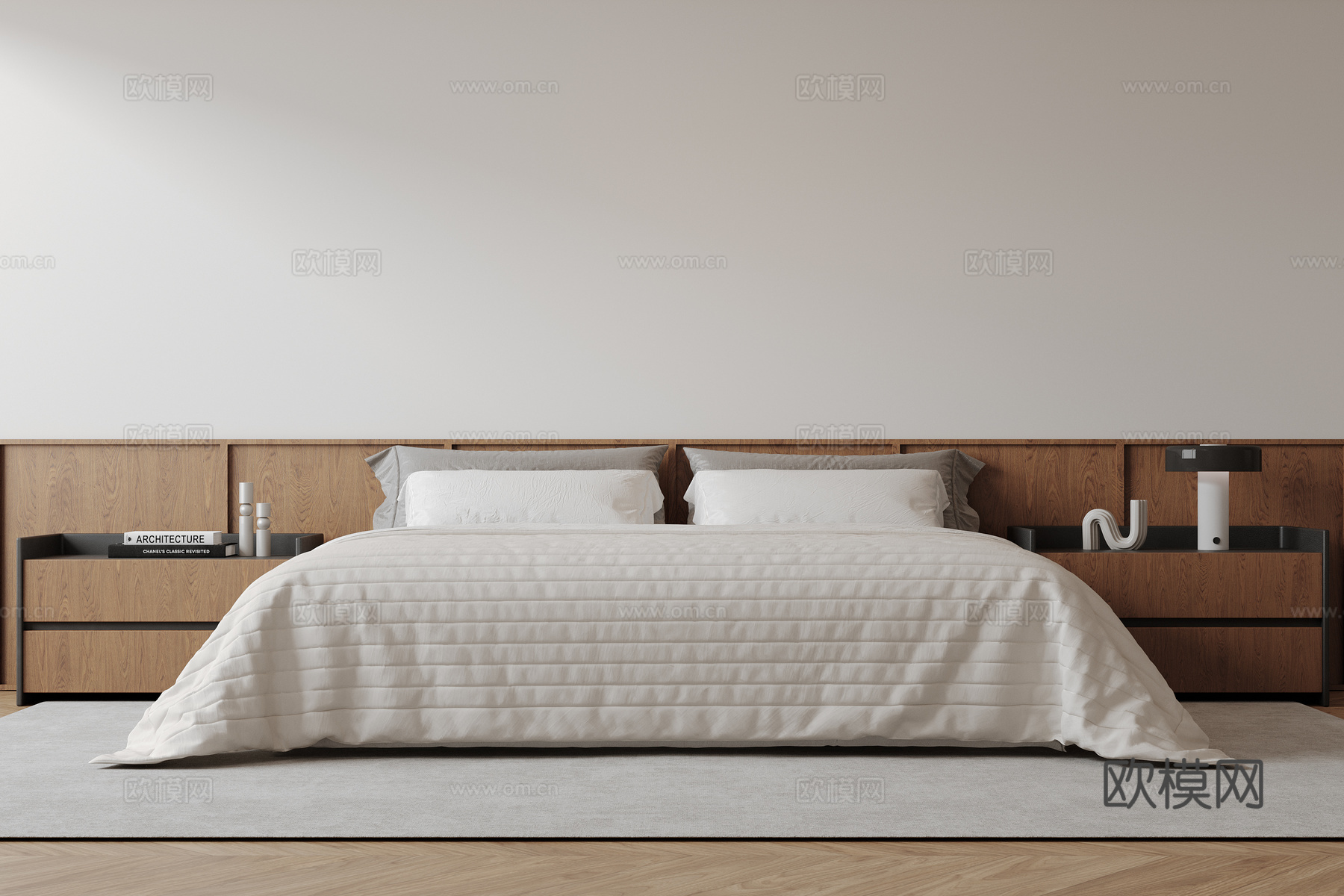 现代意式双人床 皮质床 布艺双人床 中古主卧床 地台床 极简su模型