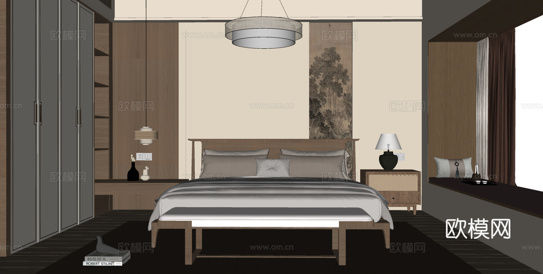 宋式卧室 宋式家居卧室 宋式双人床 床尾塌 卧室饰品摆件su模型