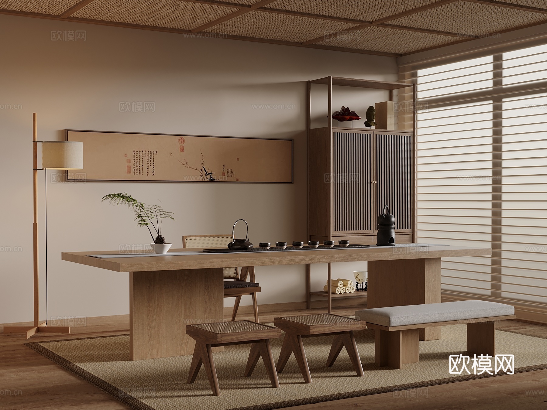 新中式茶桌椅su模型