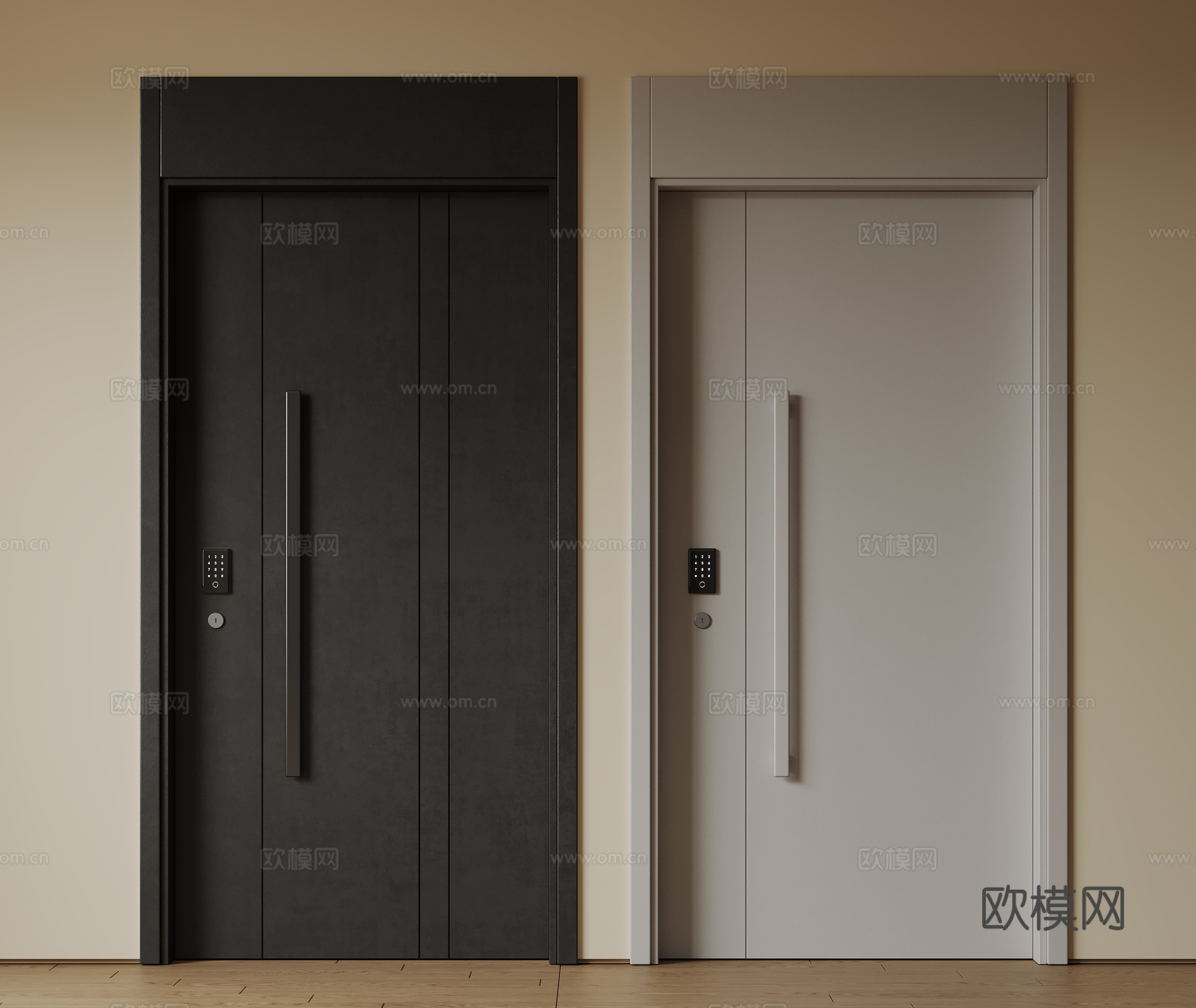 现代极简单开门 中古防盗门 通顶入户门 子母门 密码门 别墅su模型