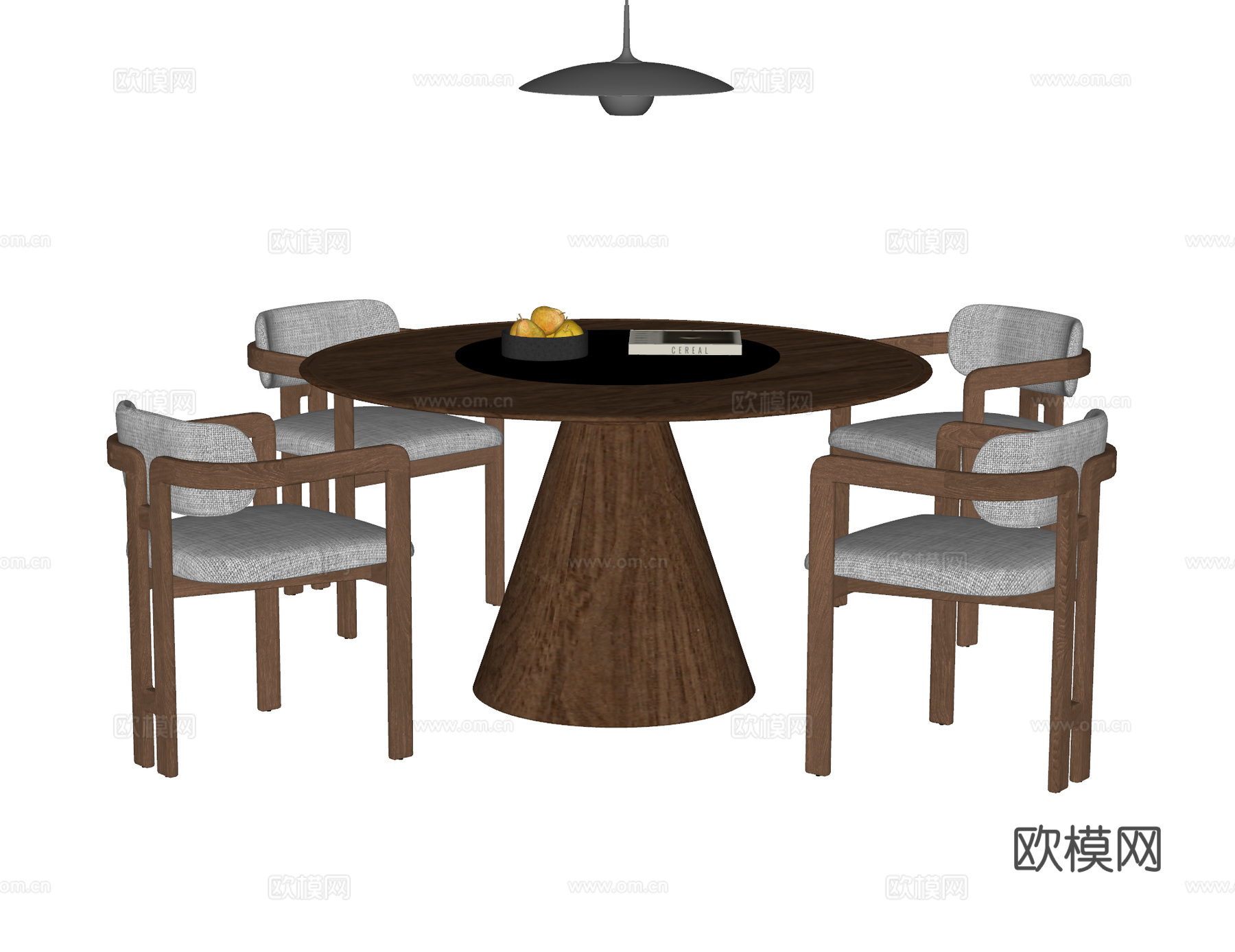 现代圆形餐桌椅组合 实木餐桌 扶手椅 圆桌餐厅 吊灯su模型