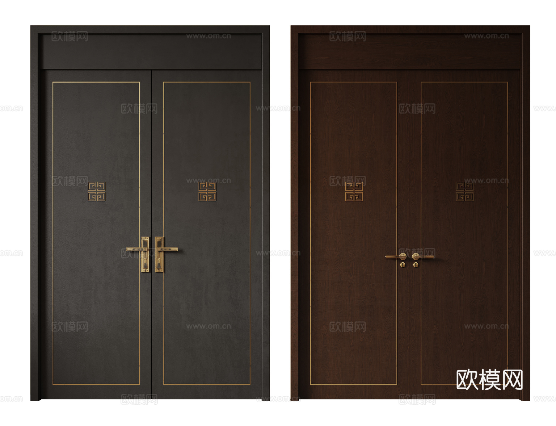新中式侘寂双开门 中古平开门 入户门 防盗门 通顶对开门 别su模型