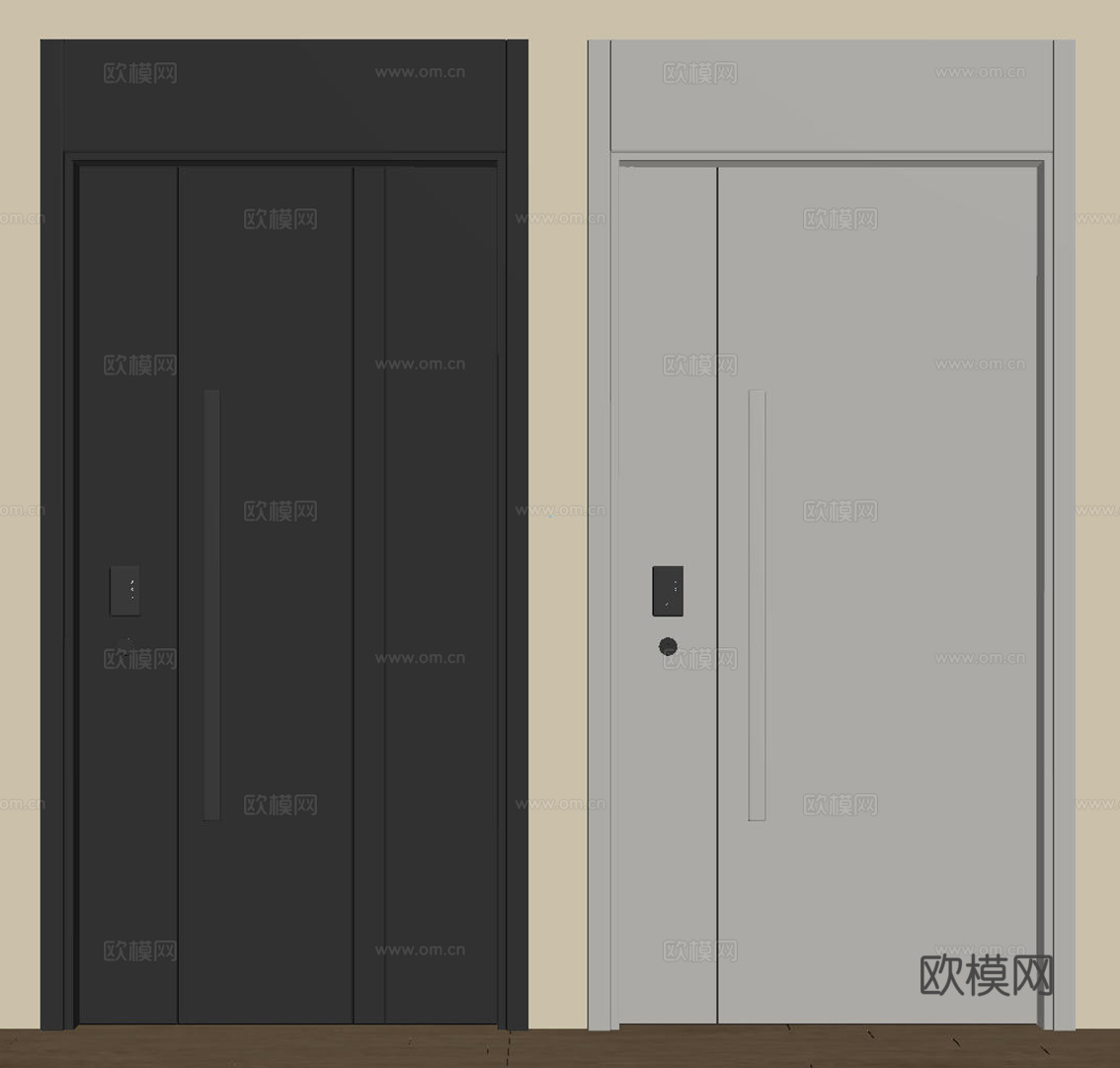 现代极简单开门 中古防盗门 通顶入户门 子母门 密码门 别墅su模型