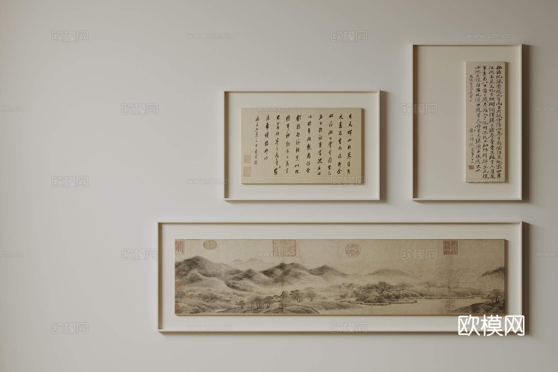 新中式禅意装饰画 宋式挂画 侘寂风挂画 中古风卷轴画 山水字su模型下载（渲染图1）