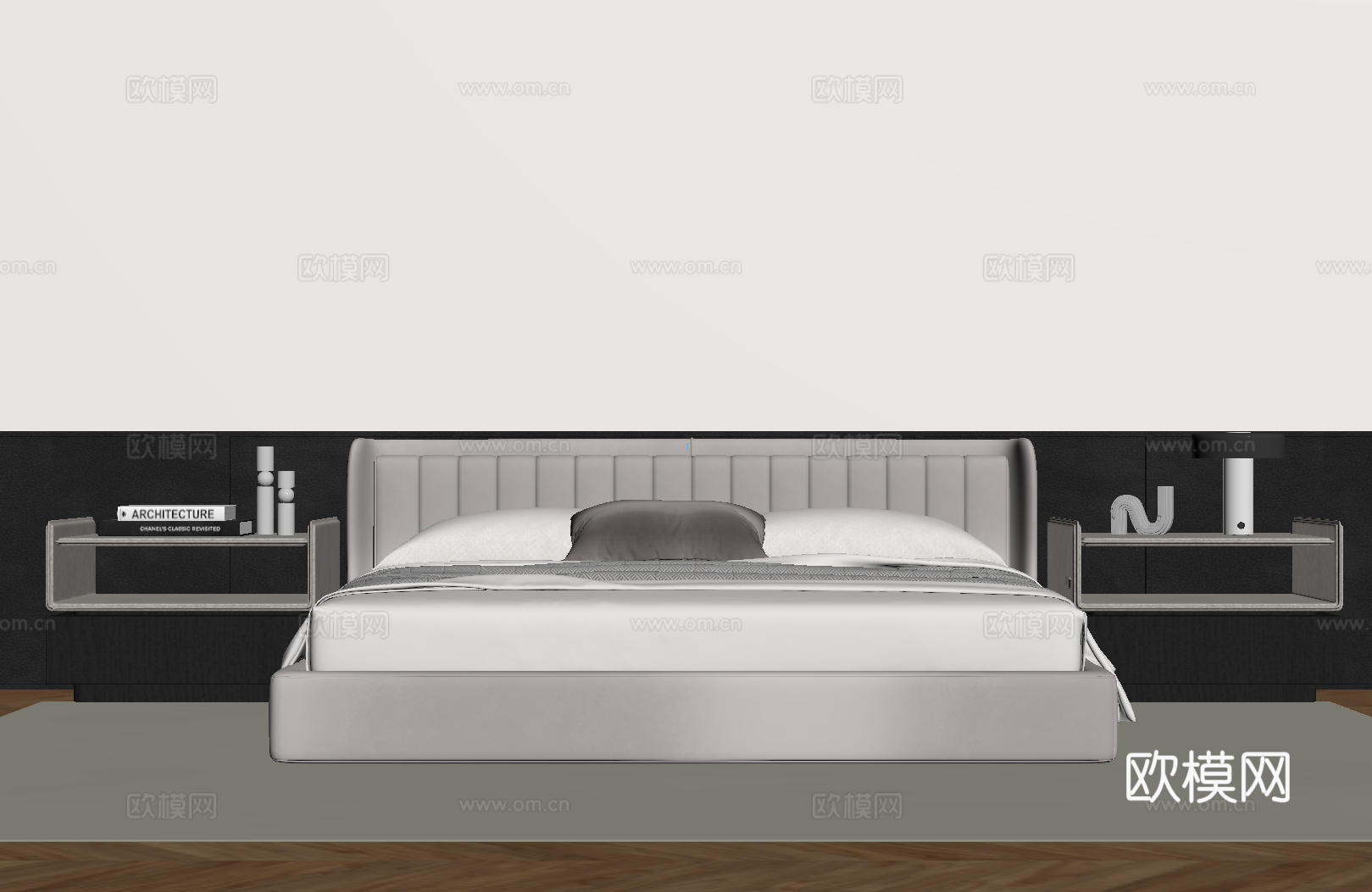 现代意式双人床 皮质床 布艺双人床 中古主卧床 地台床 极简su模型