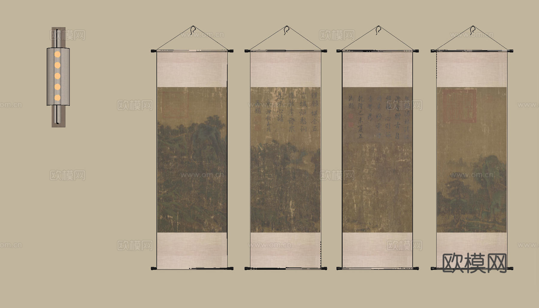 新中式禅意装饰画 宋式挂画 侘寂风挂画 中古风卷轴画 山水字su模型