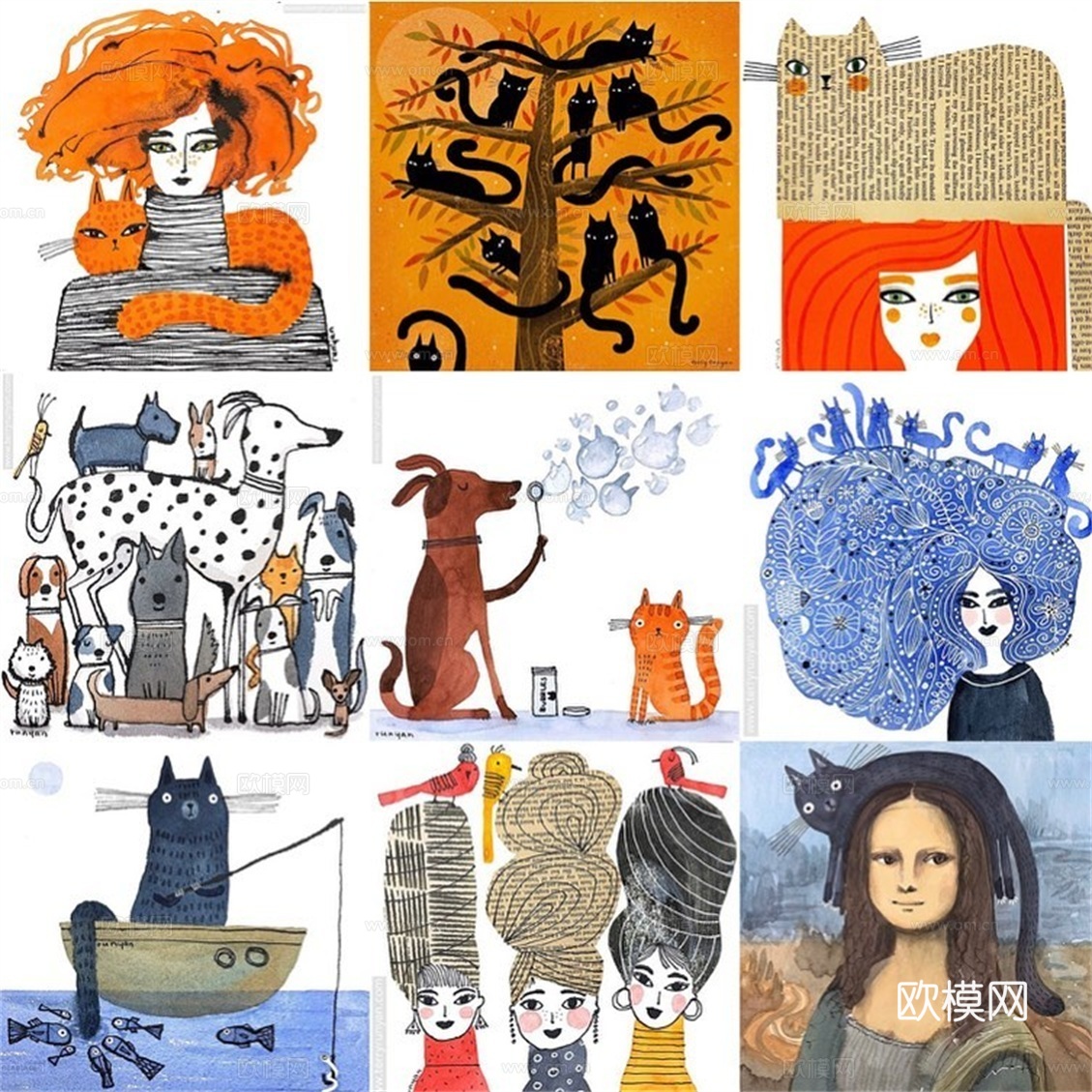 可爱动物手绘创意童趣插画猫咪动物插画治愈系插画可爱儿童插画下载