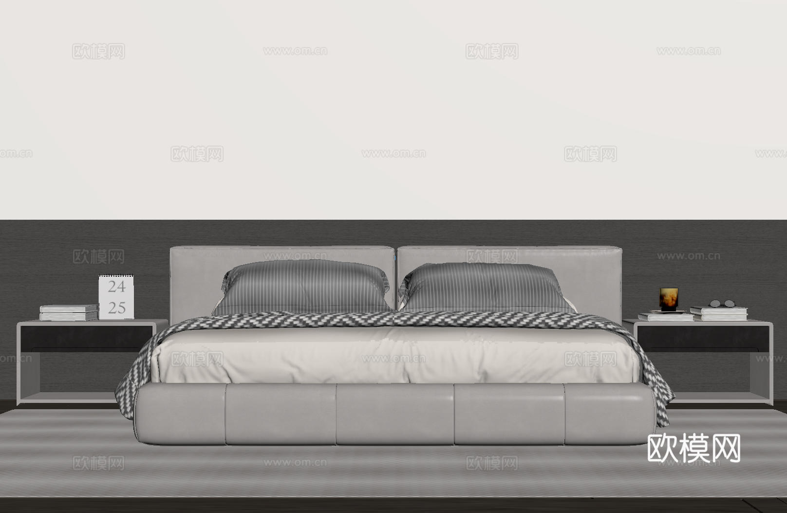 现代意式双人床 皮质床 布艺双人床 中古主卧床 地台床 极简su模型