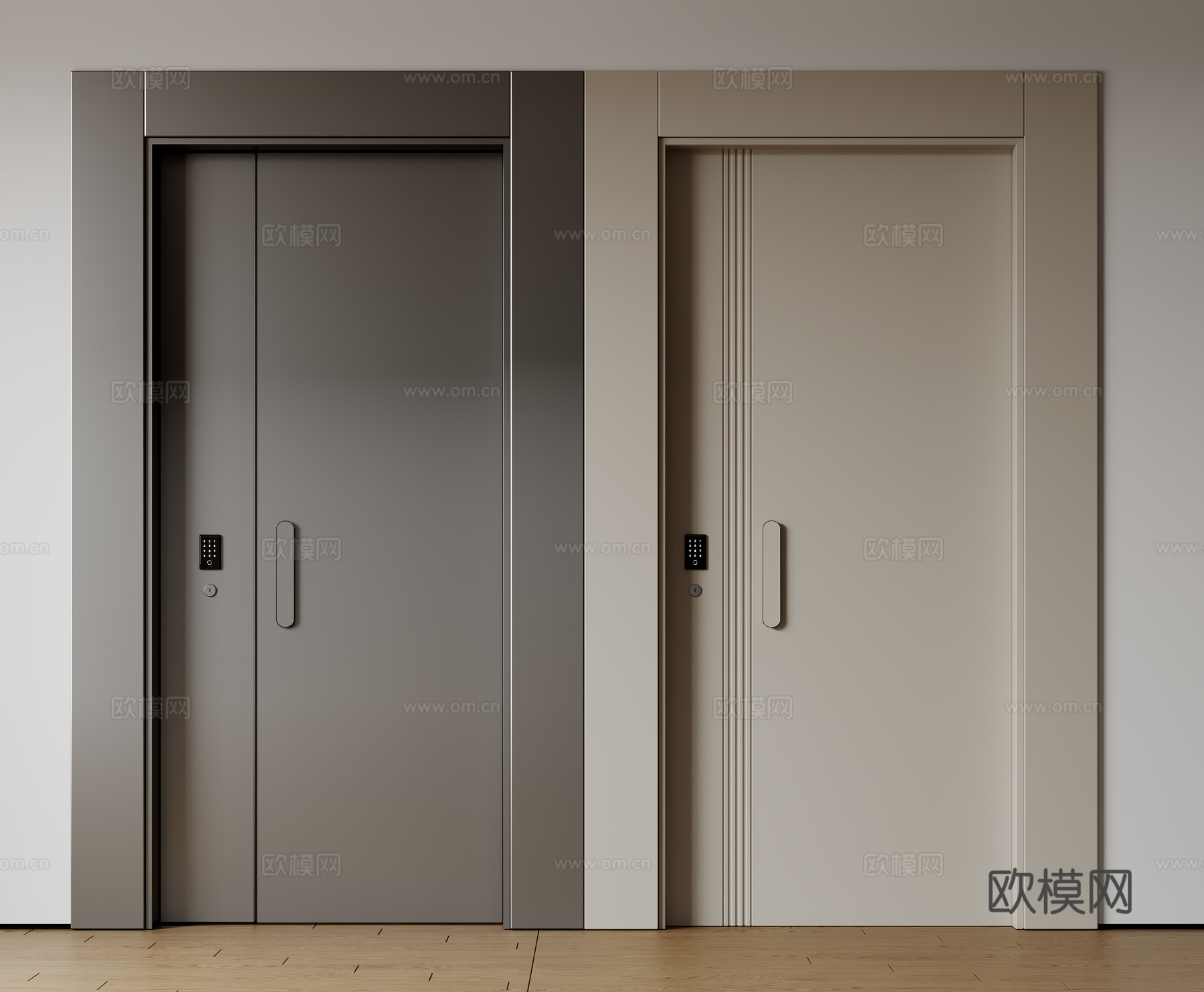 现代极简单开门 中古防盗门 通顶入户门 子母门 密码门 别墅su模型