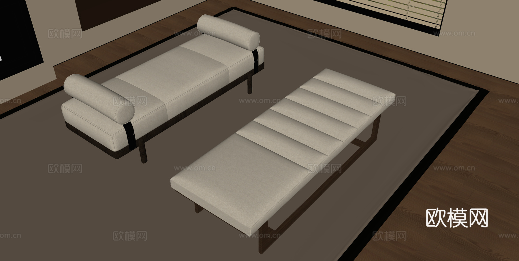宋式床尾塌 长形沙发 换鞋凳 布艺沙发su模型下载（渲染图2）