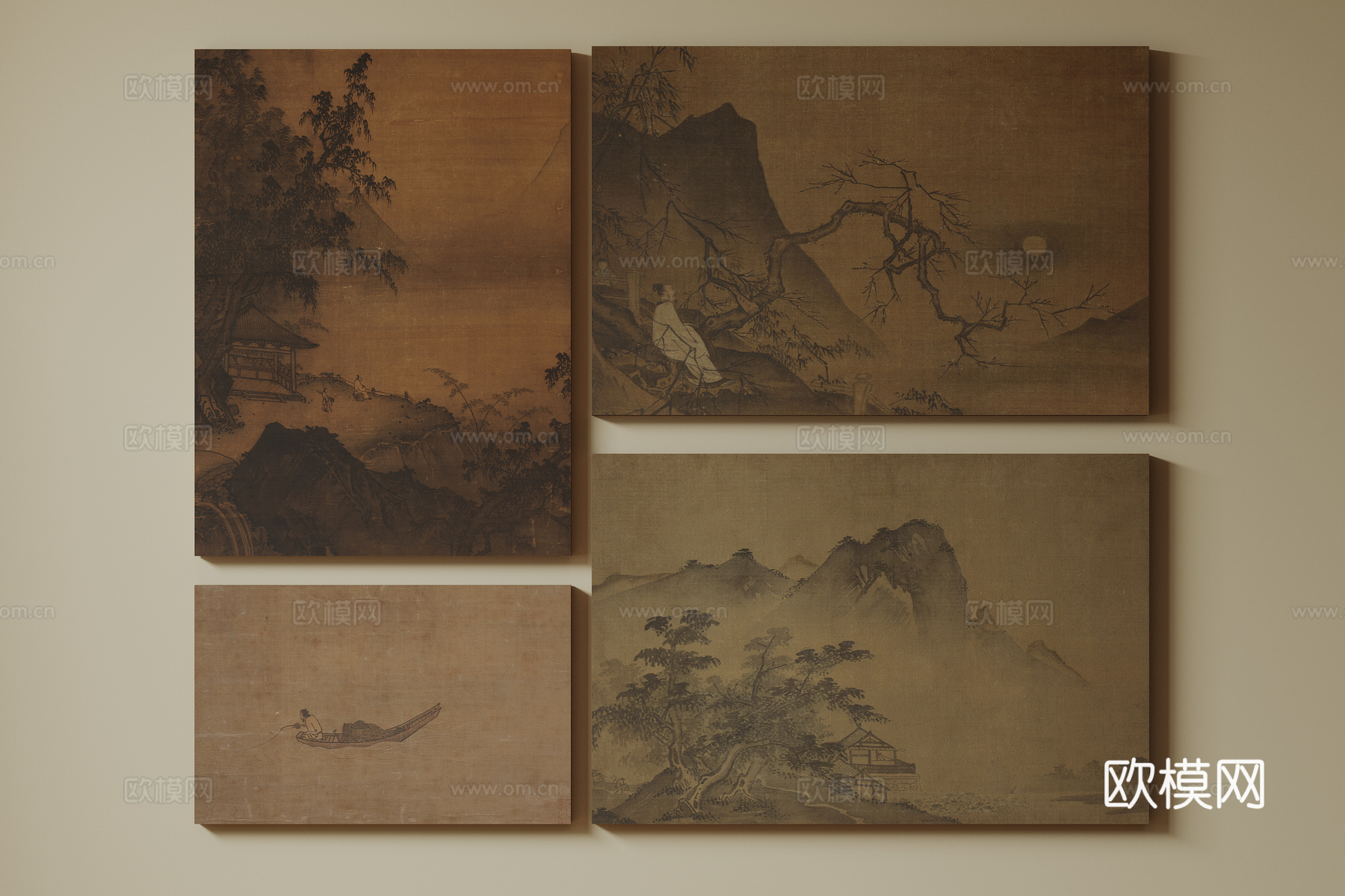 新中式禅意装饰画 宋式挂画 侘寂风挂画 中古风卷轴画 山水字su模型