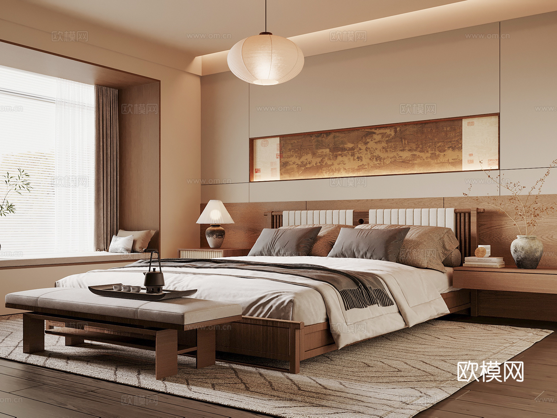 宋式卧室 宋式家居卧室 宋式双人床 床尾塌 卧室饰品摆件su模型