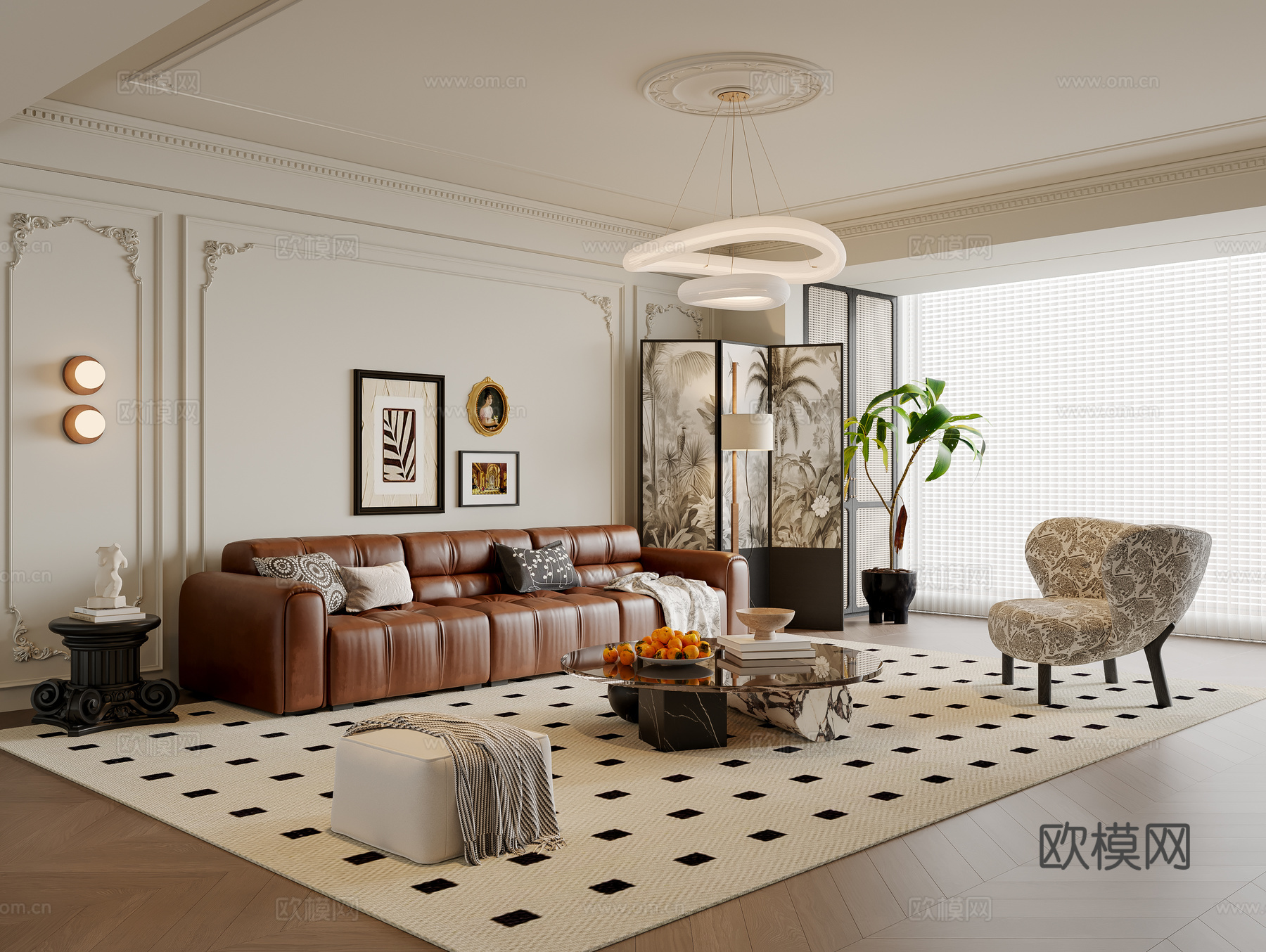 法式中古风客厅 沙发茶几 休闲椅 挂画 吊灯 落地灯 地毯su模型