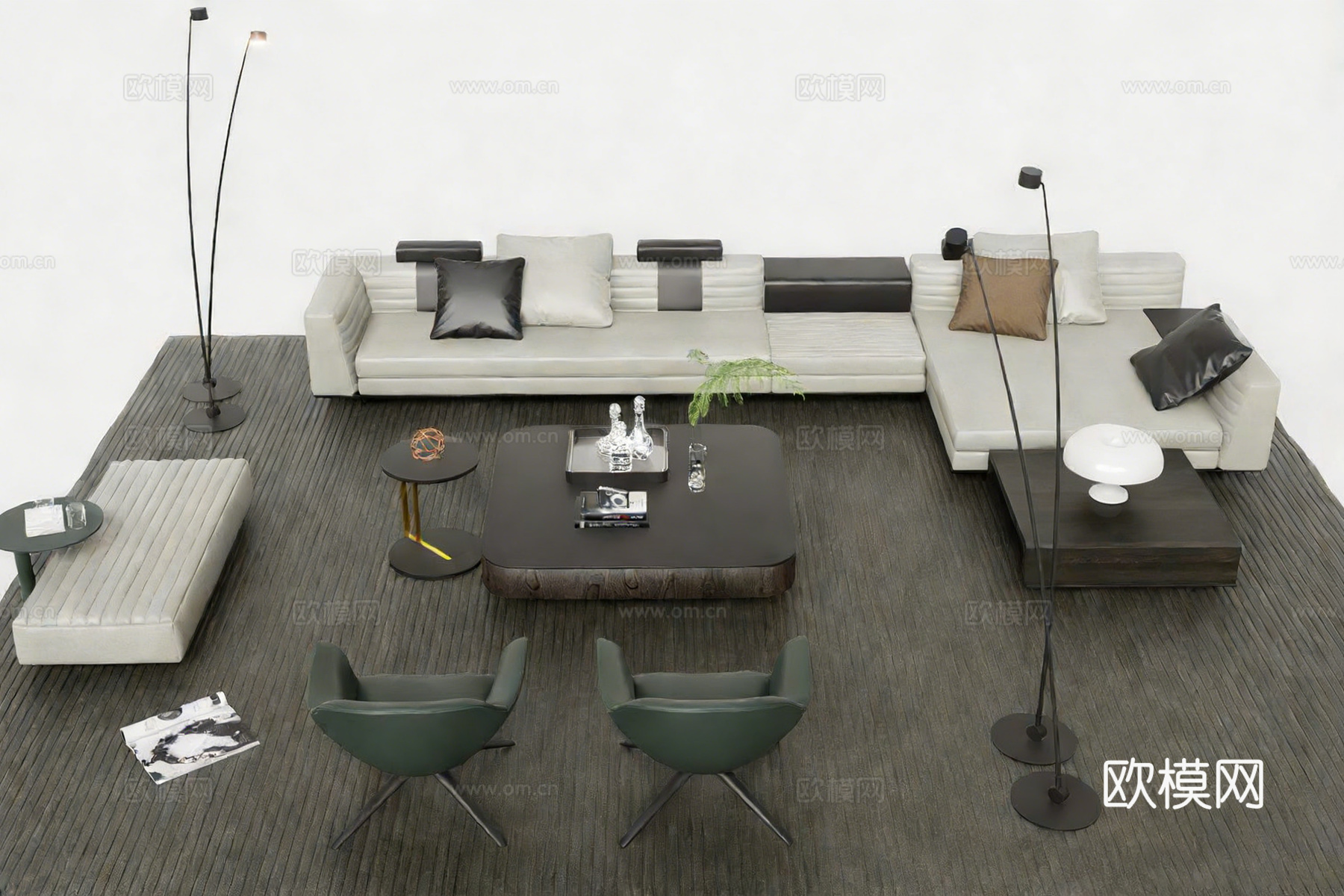 现代简约客厅沙发茶几组合 L型布艺沙发 岩板茶几su模型