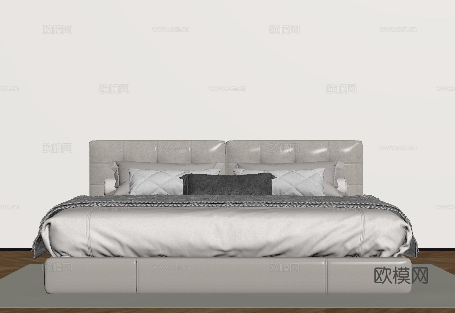 现代意式双人床 皮质床 布艺双人床 中古主卧床 地台床 极简su模型