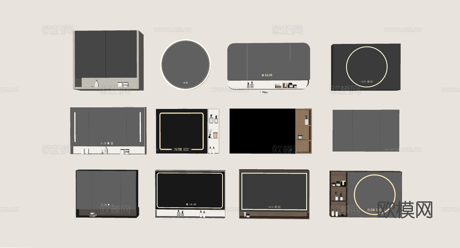 现代简约LED镜柜 发光带置物架 方形圆形镜柜su模型
