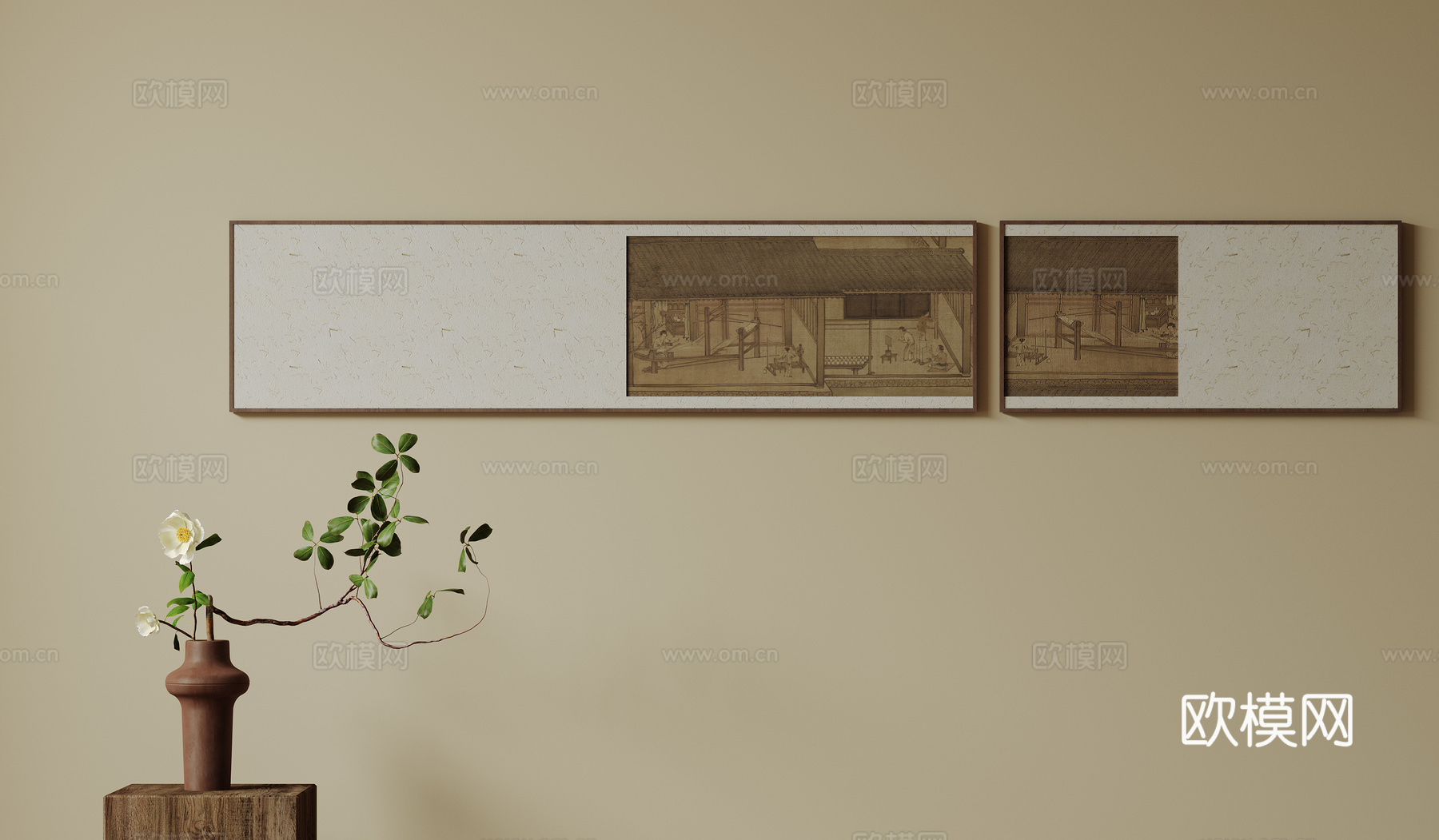 新中式禅意装饰画 宋式挂画 侘寂风挂画 中古风卷轴画 山水字su模型