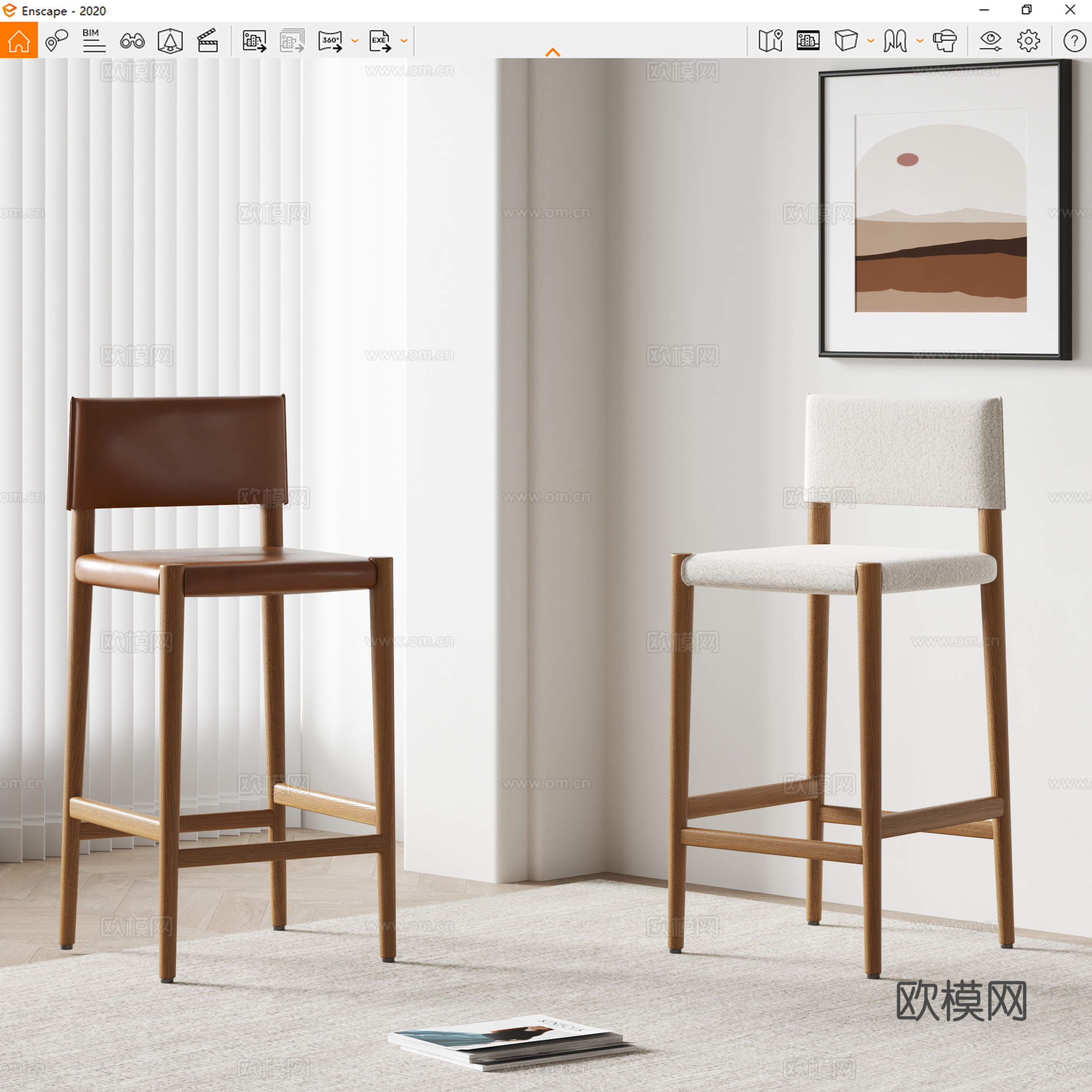 poliform现代吧椅 布艺吧椅 皮革椅 装饰画su模型