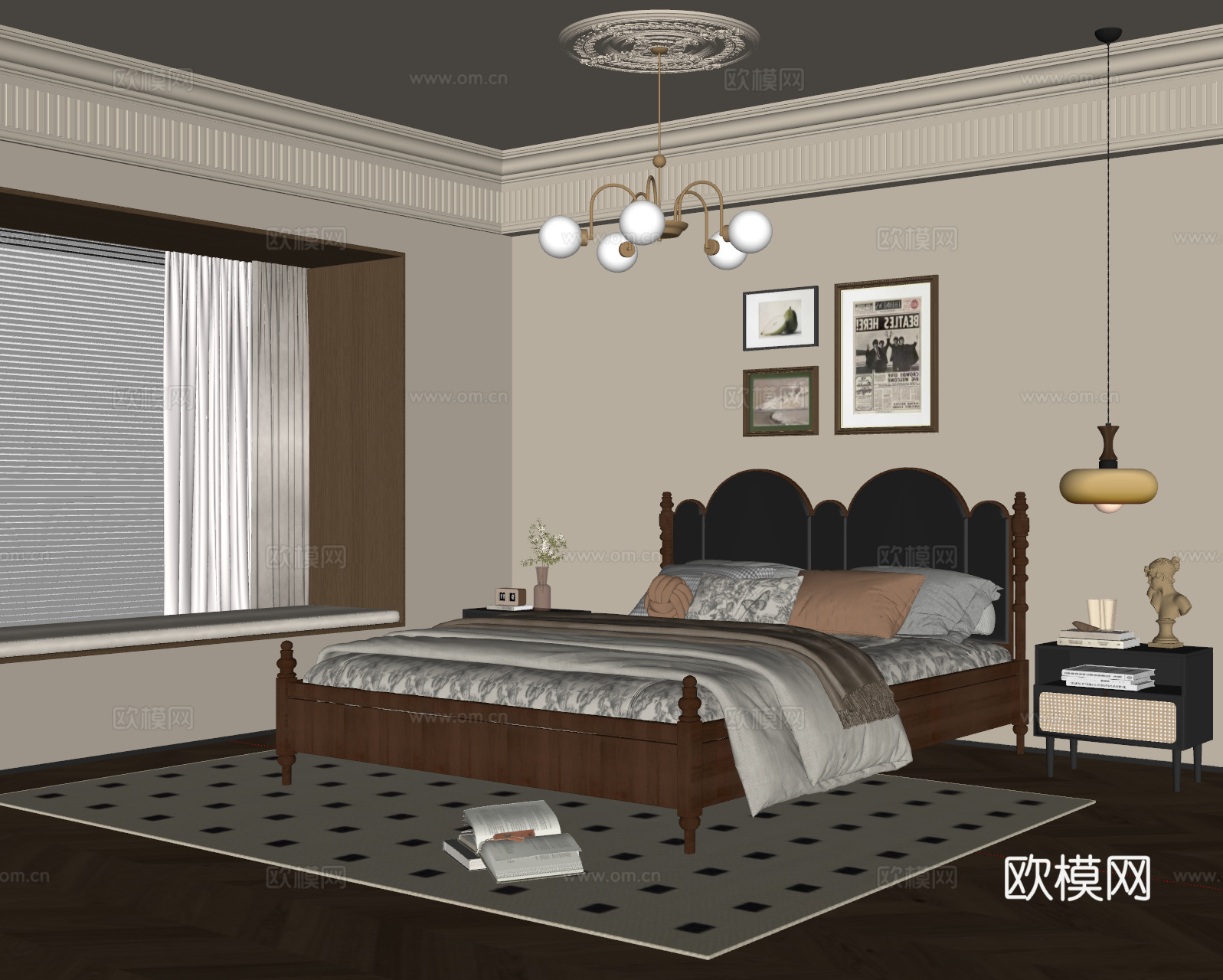 法式中古风卧室 实木双人床 床头柜 吊灯 挂画 地毯su模型