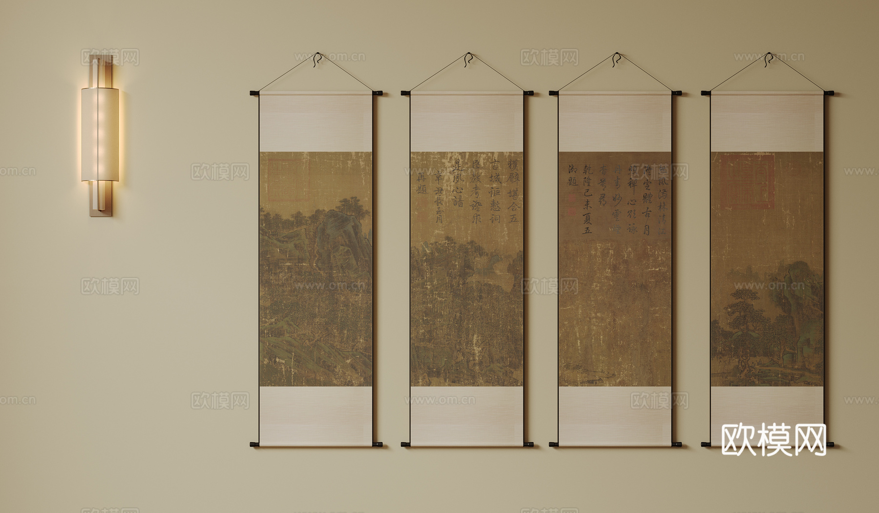 新中式禅意装饰画 宋式挂画 侘寂风挂画 中古风卷轴画 山水字su模型