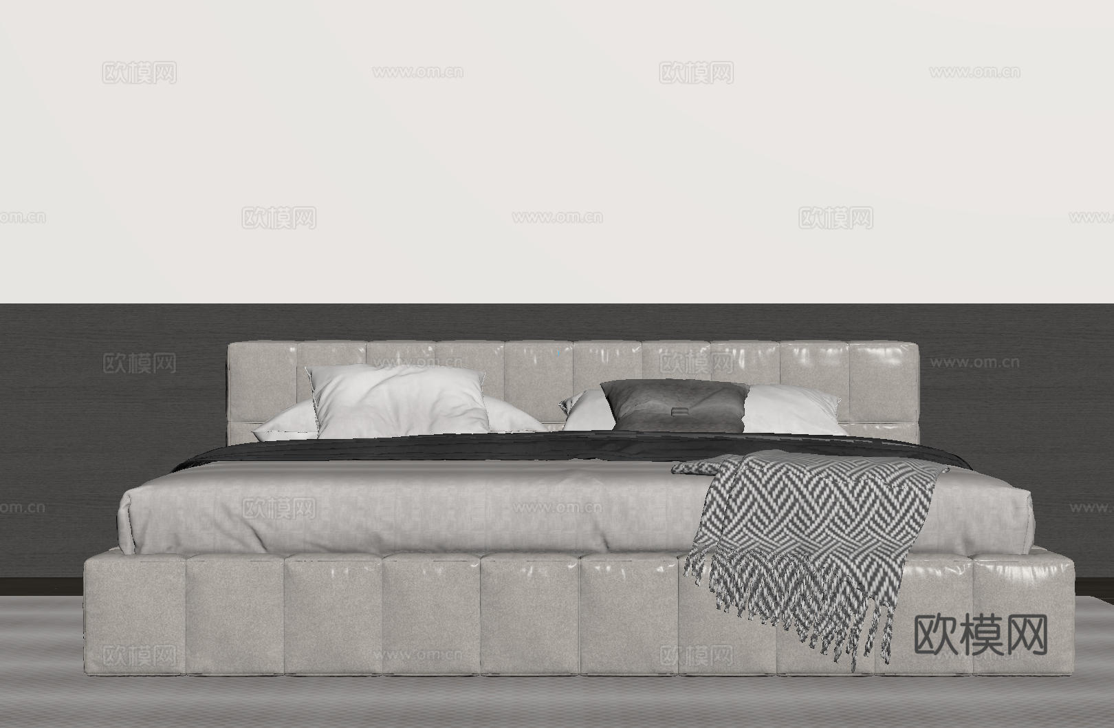 现代意式双人床 皮质床 布艺双人床 中古主卧床 地台床 极简su模型