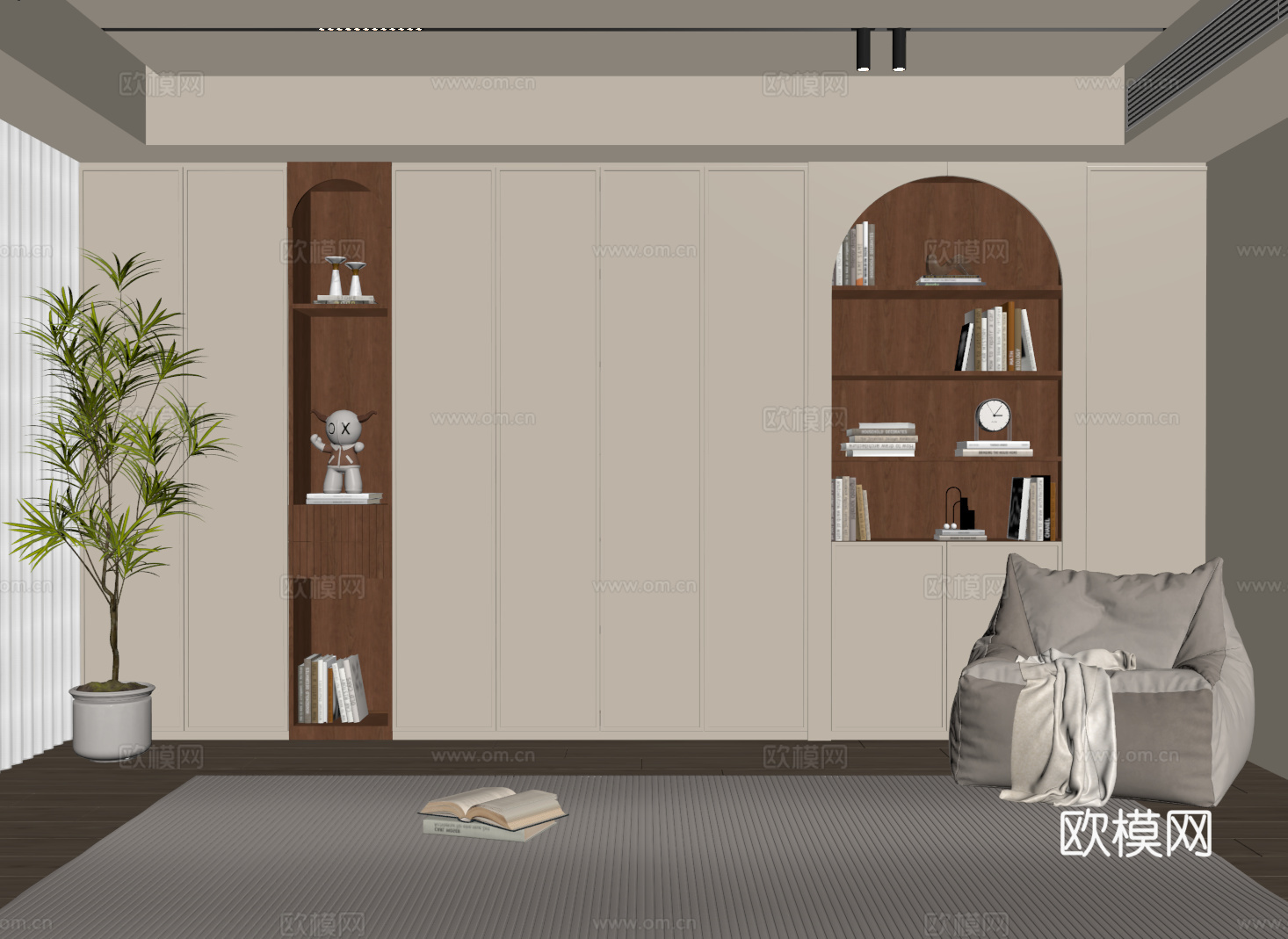 现代中古定制书柜 满墙开放书柜su模型