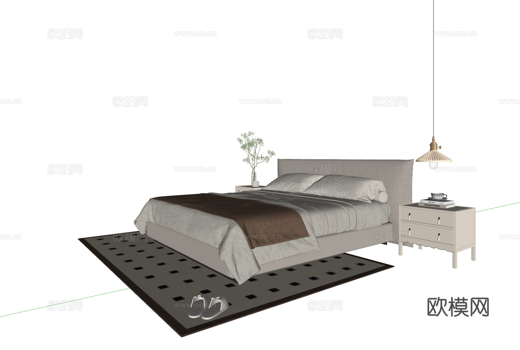 法式双人床 布艺双人床 床头柜 吊灯 地毯su模型