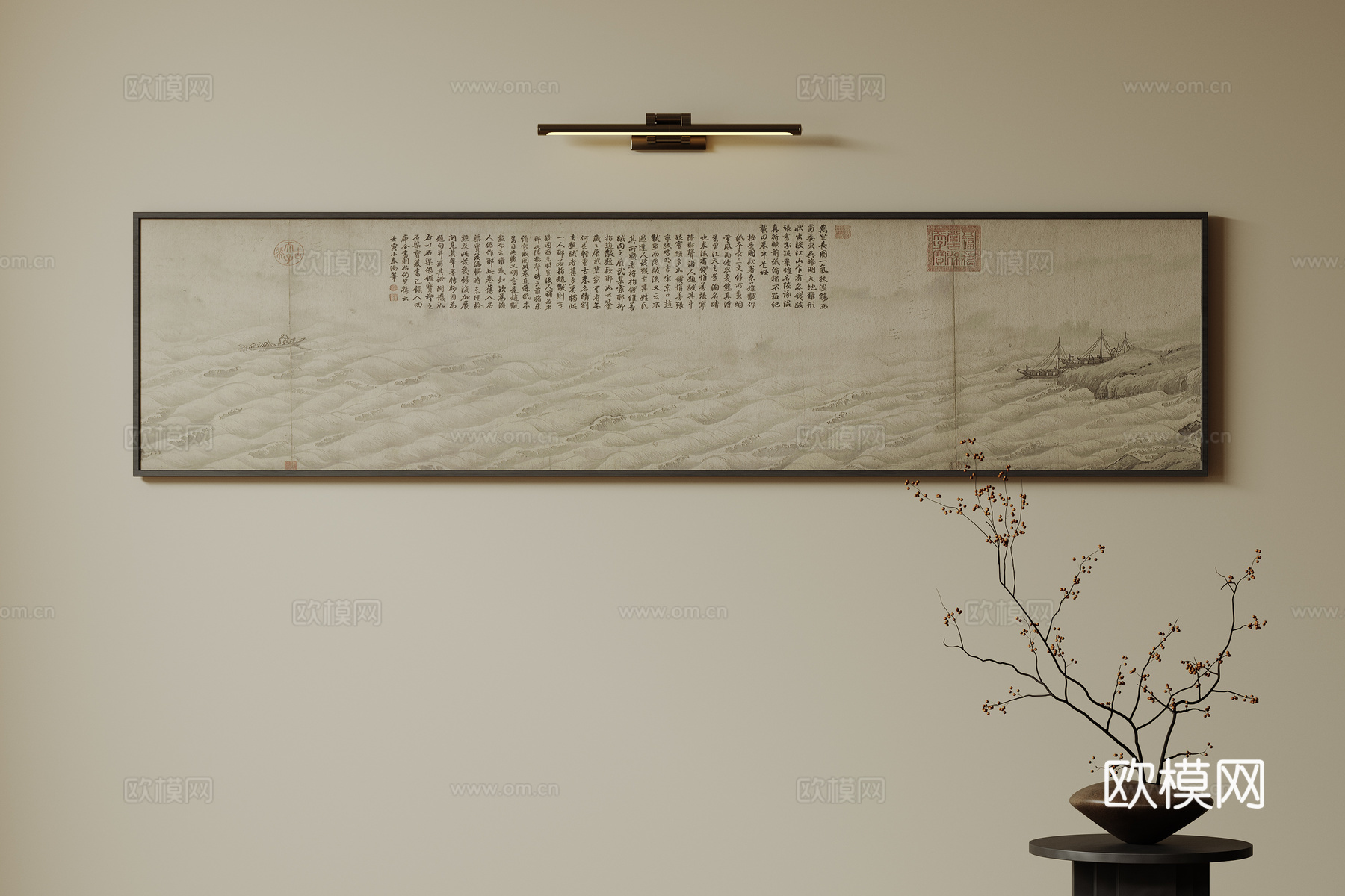 新中式禅意装饰画 宋式挂画 侘寂风挂画 中古风卷轴画 山水字su模型