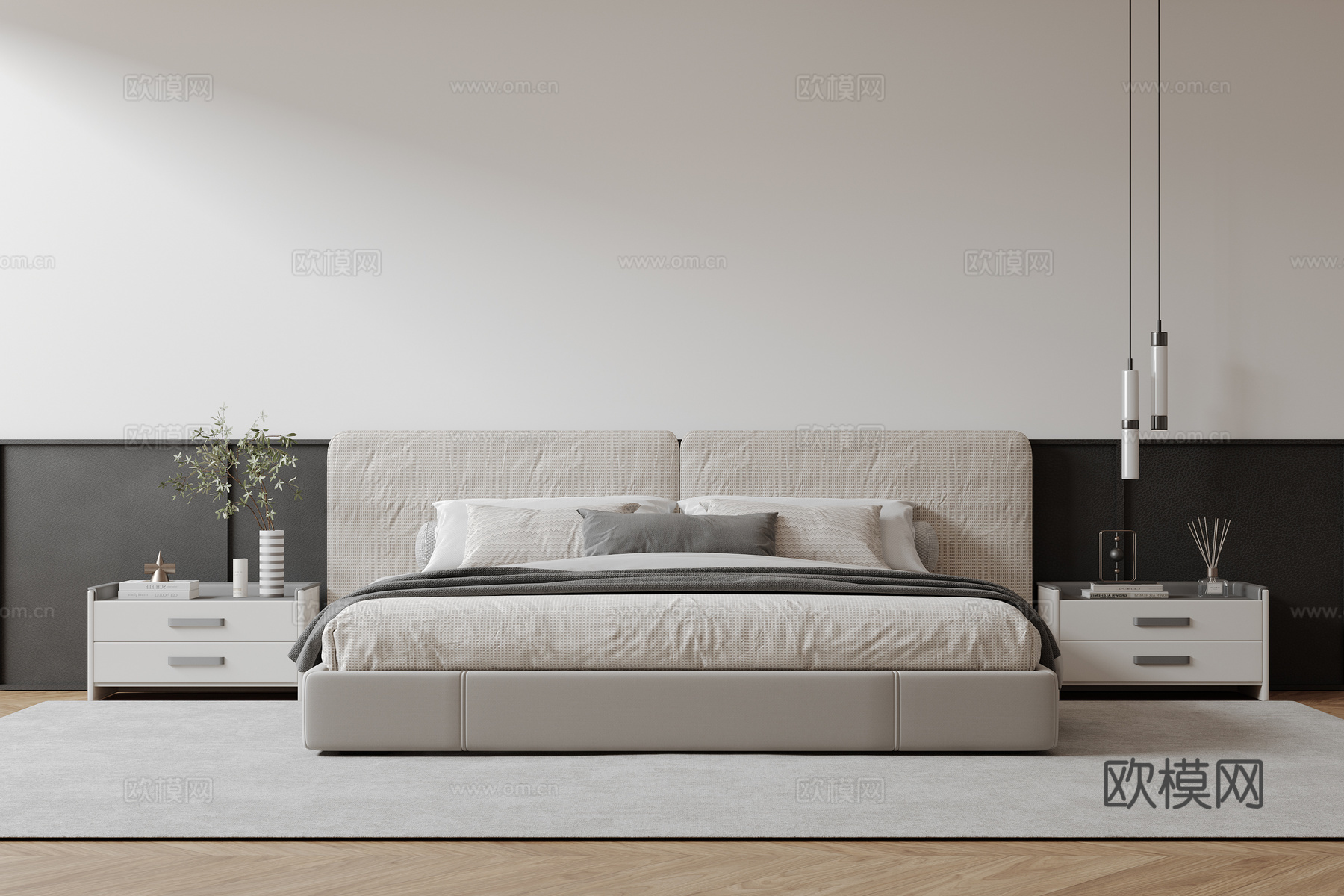 现代意式双人床 皮质床 布艺双人床 中古主卧床 地台床 极简su模型