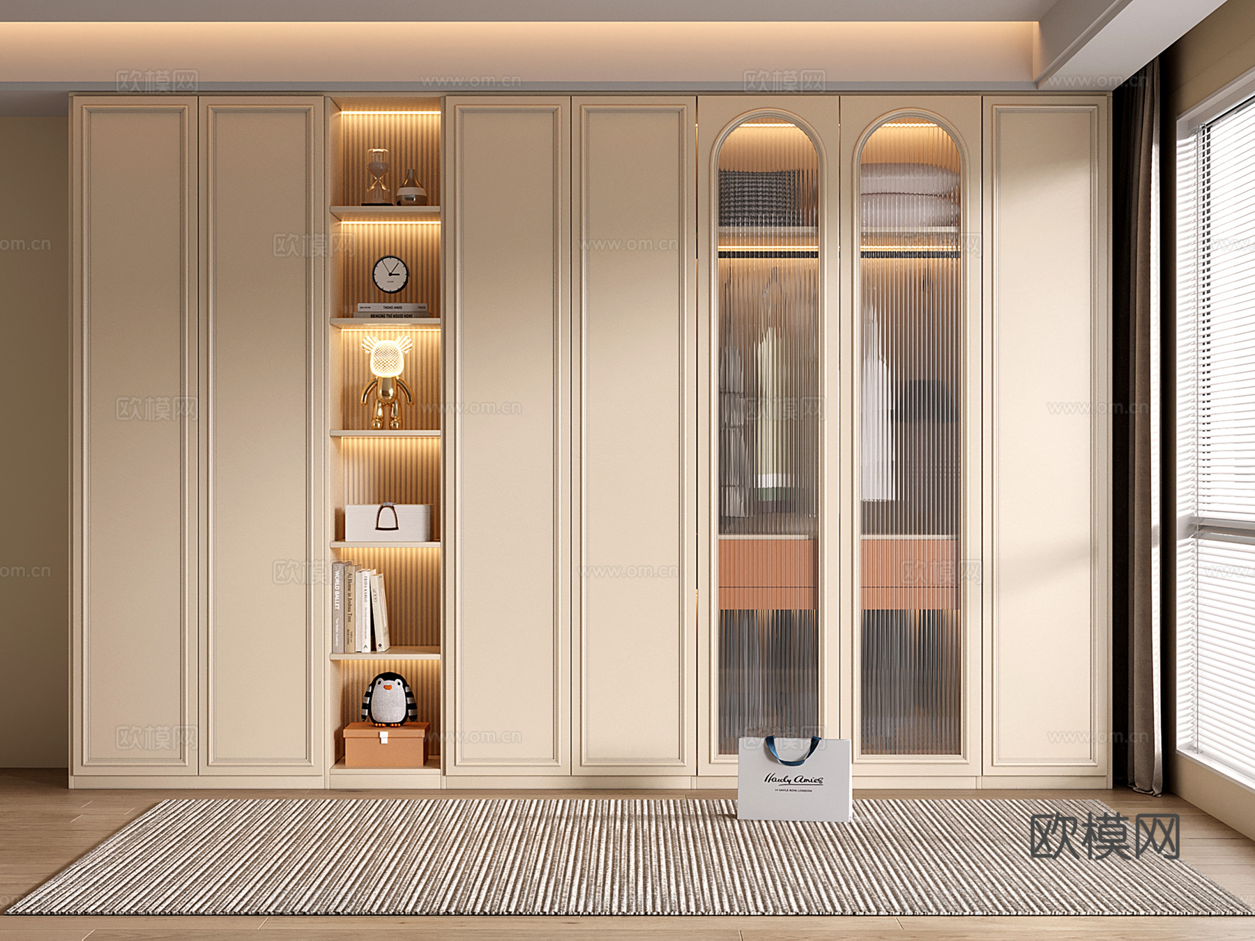 法式奶油风衣柜 定制通顶衣柜 玻璃门衣柜 开放格衣柜su模型
