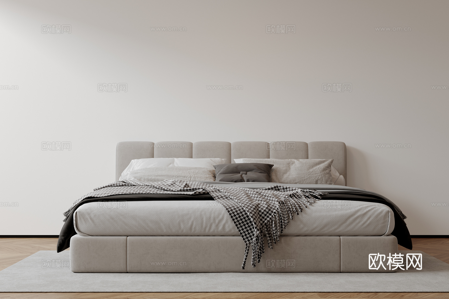 现代意式双人床 皮质床 布艺双人床 中古主卧床 地台床 极简su模型