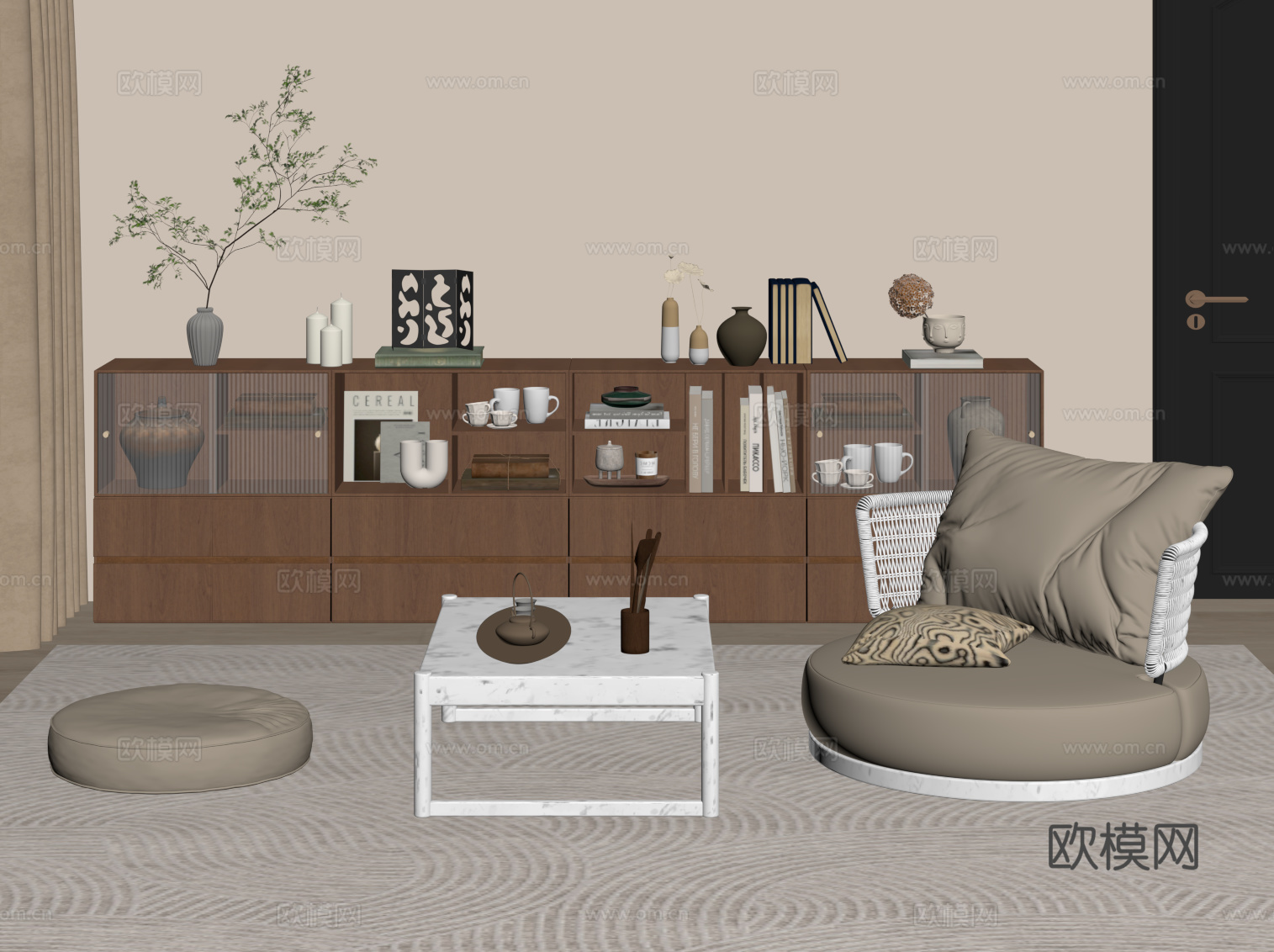 侘寂中古风茶室 休闲桌椅su模型