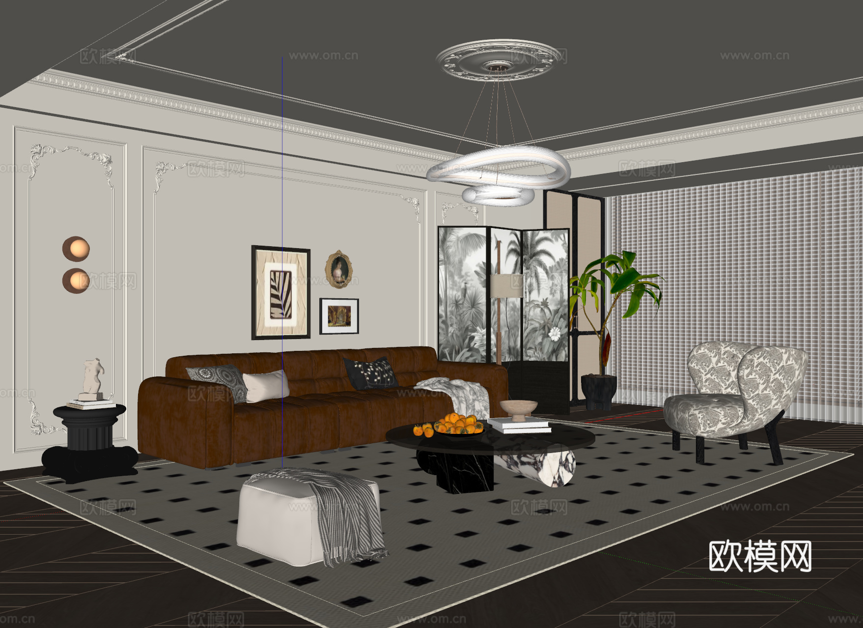 法式中古风客厅 沙发茶几 休闲椅 挂画 吊灯 落地灯 地毯su模型