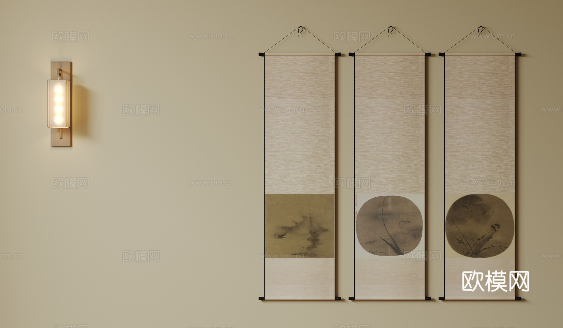 新中式禅意装饰画 宋式挂画 侘寂风挂画 中古风卷轴画 山水字su模型下载（渲染图1）