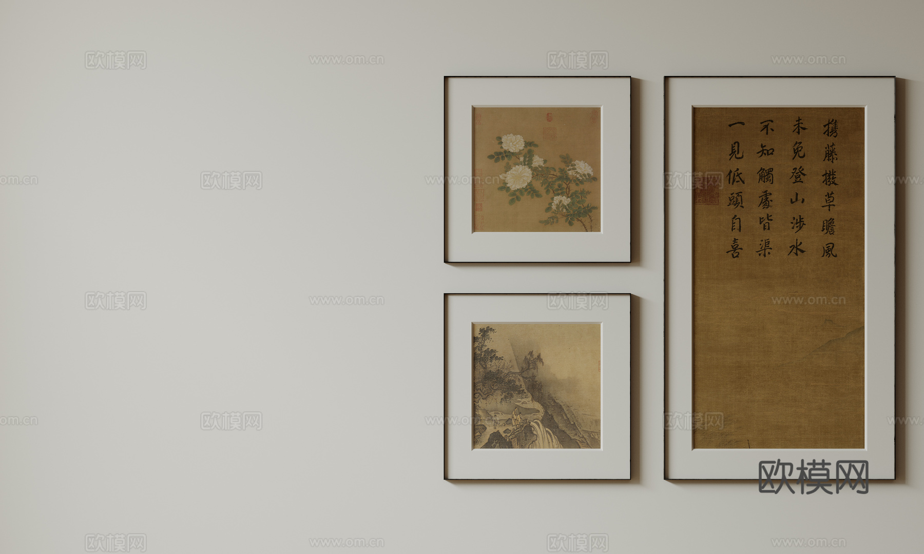 新中式禅意装饰画 宋式挂画 侘寂风挂画 中古风卷轴画 山水字su模型