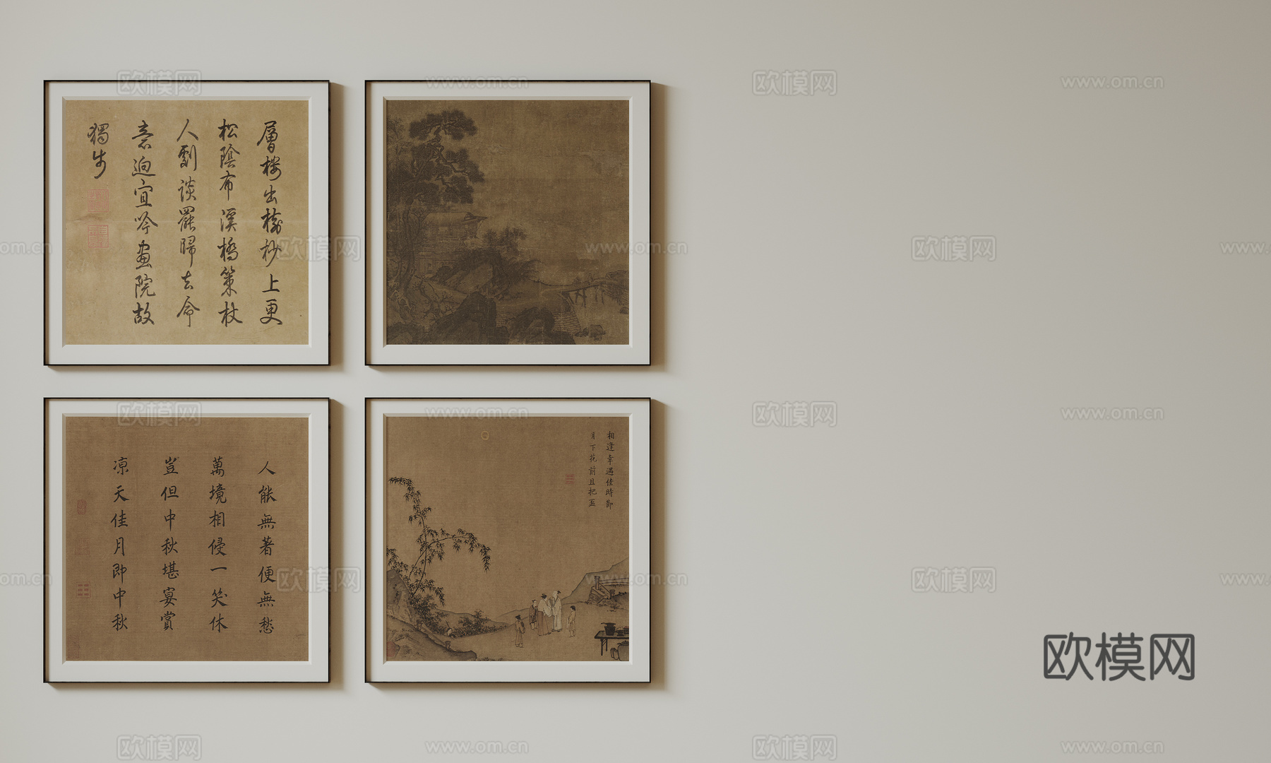 新中式禅意装饰画 宋式挂画 侘寂风挂画 中古风卷轴画 山水字su模型