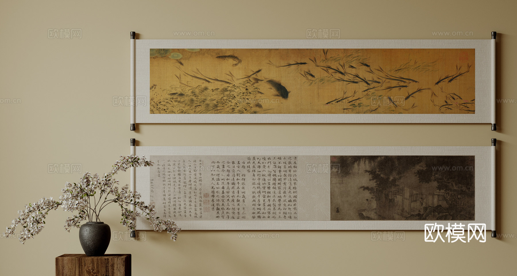 新中式禅意装饰画 宋式挂画 侘寂风挂画 中古风卷轴画 山水字su模型