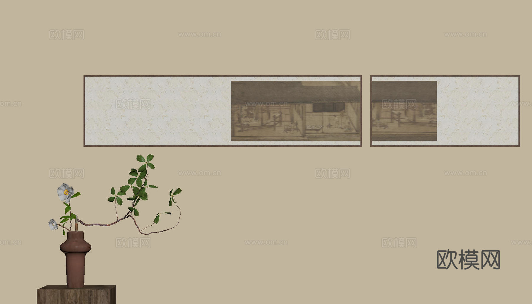 新中式禅意装饰画 宋式挂画 侘寂风挂画 中古风卷轴画 山水字su模型