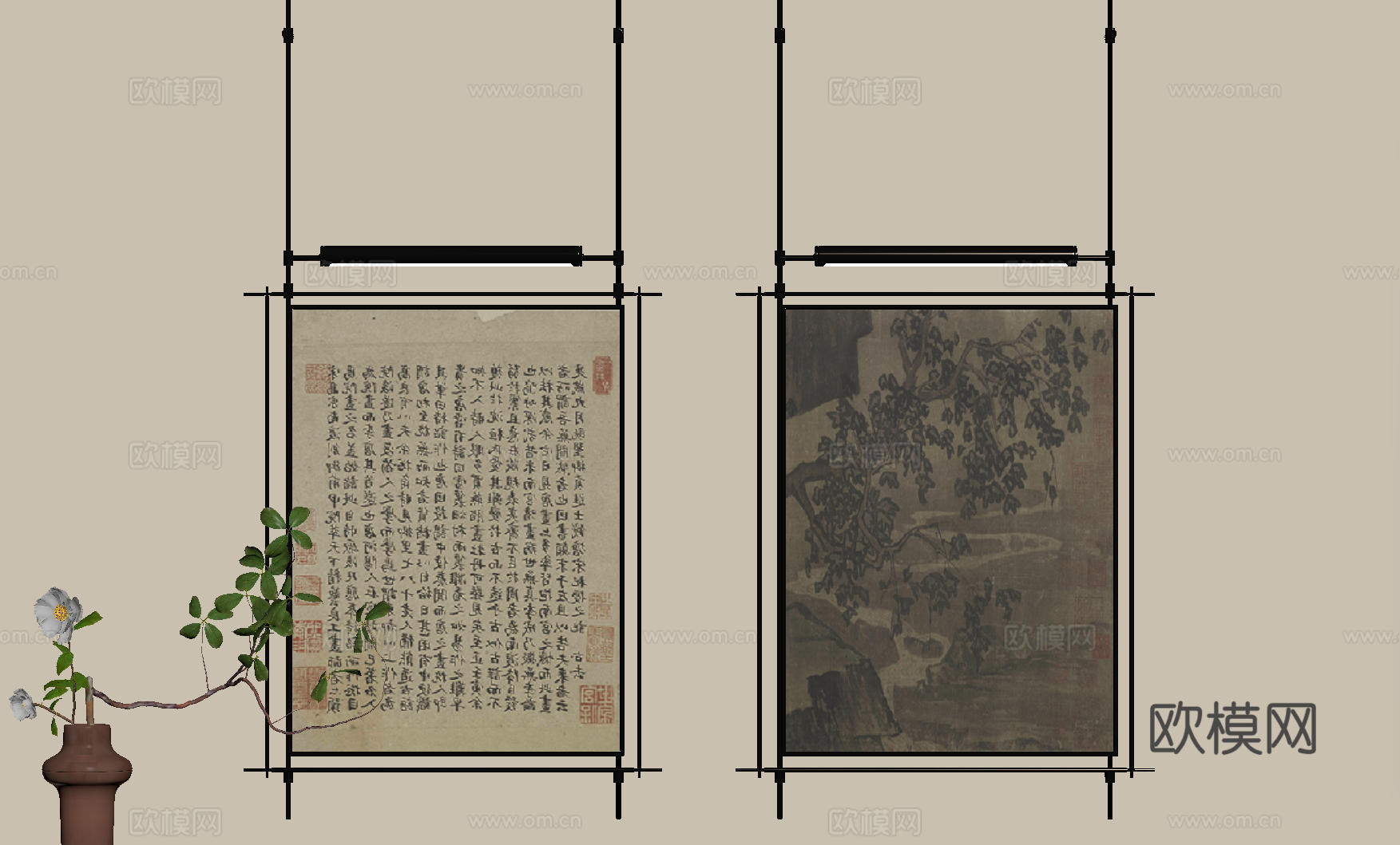 新中式禅意装饰画 宋式挂画 侘寂风挂画 中古风卷轴画 山水字su模型