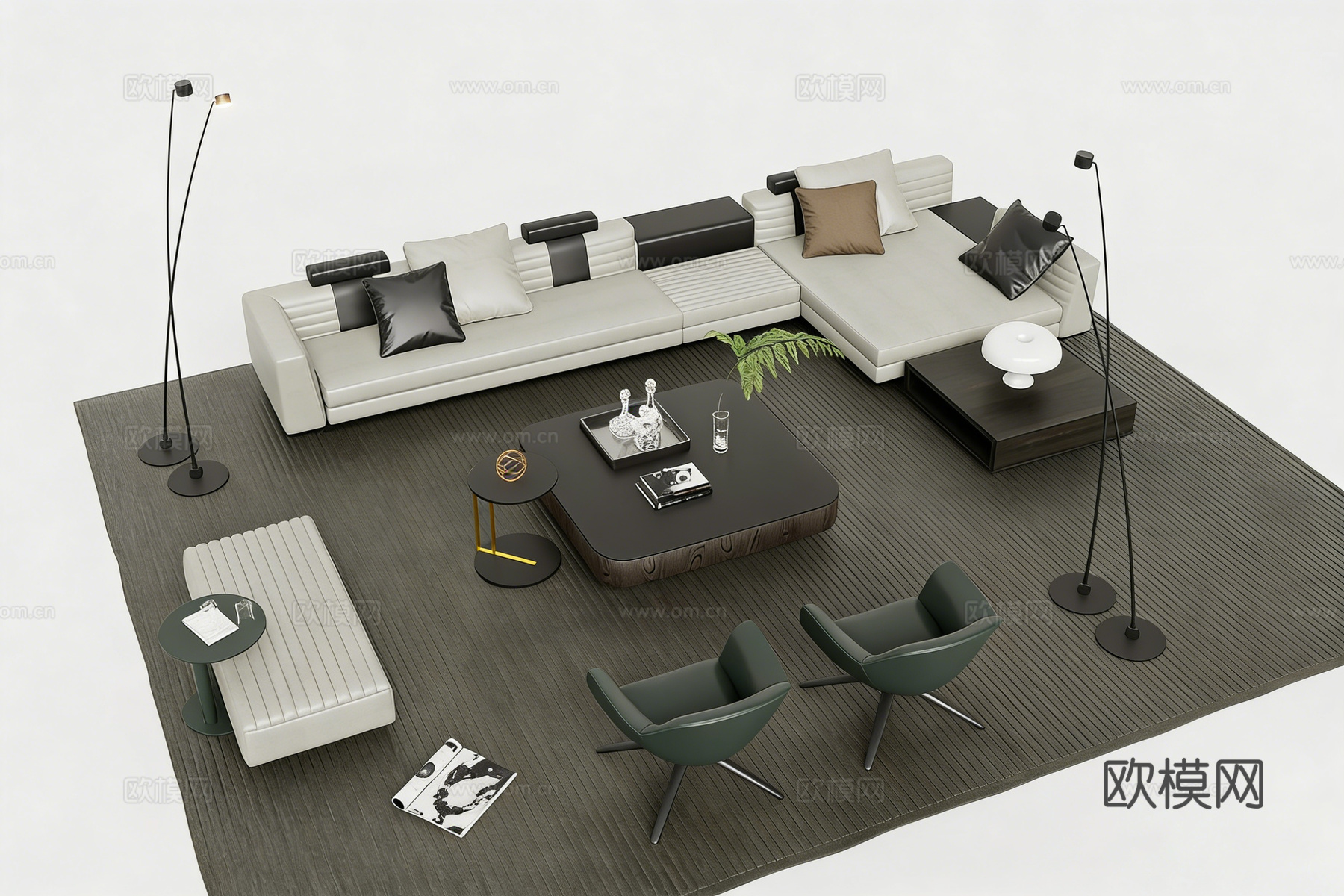 现代简约客厅沙发茶几组合 L型布艺沙发 岩板茶几su模型