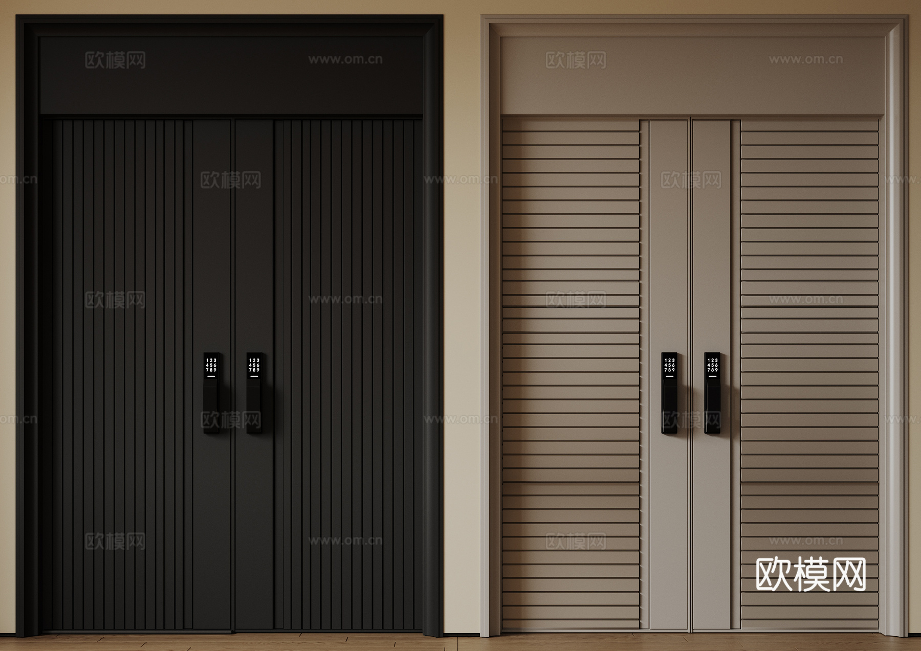 现代极简双开门 中古平开门 入户门 防盗门 通顶对开门 别墅su模型