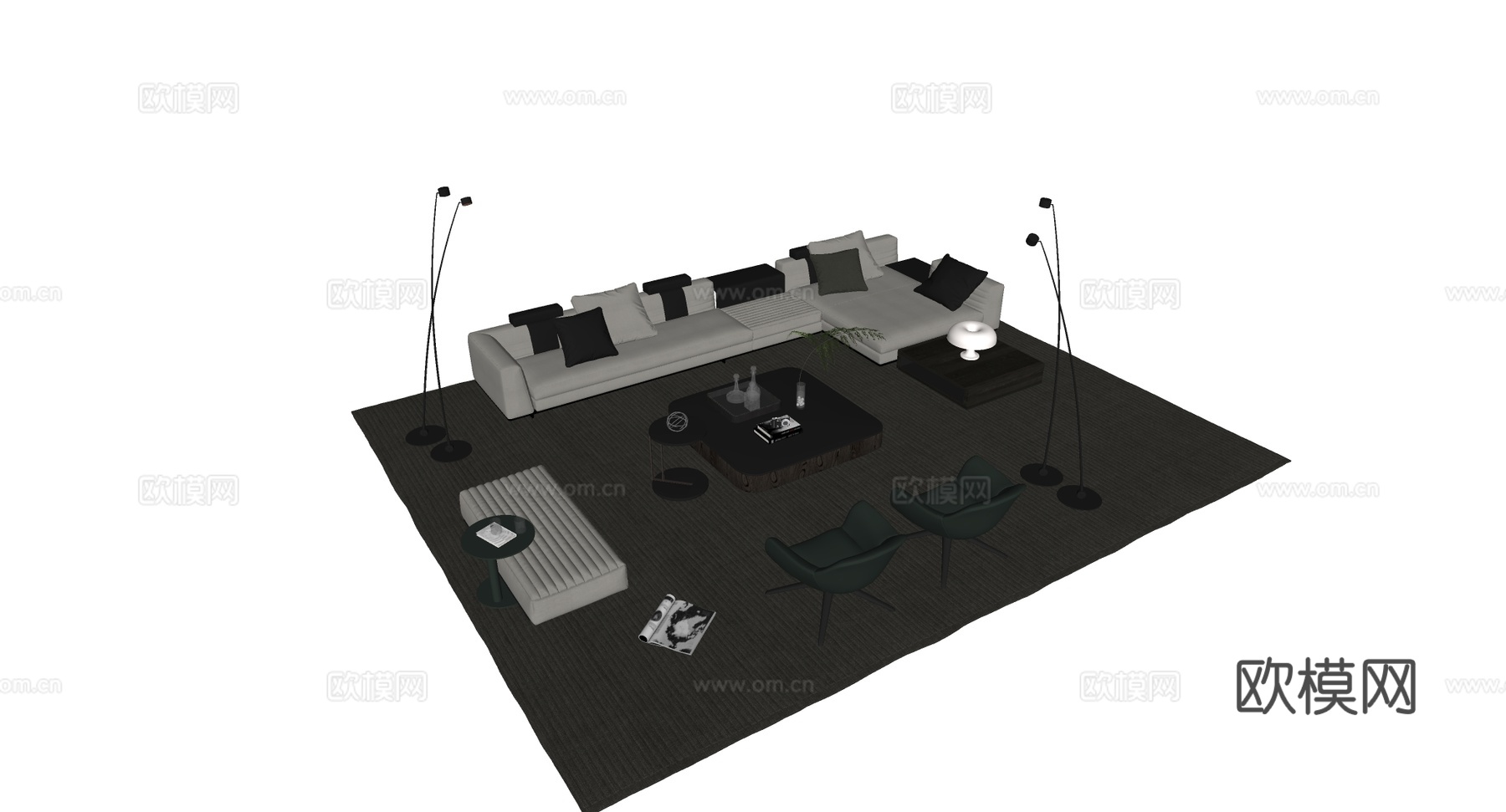 现代简约客厅沙发茶几组合 L型布艺沙发 岩板茶几su模型