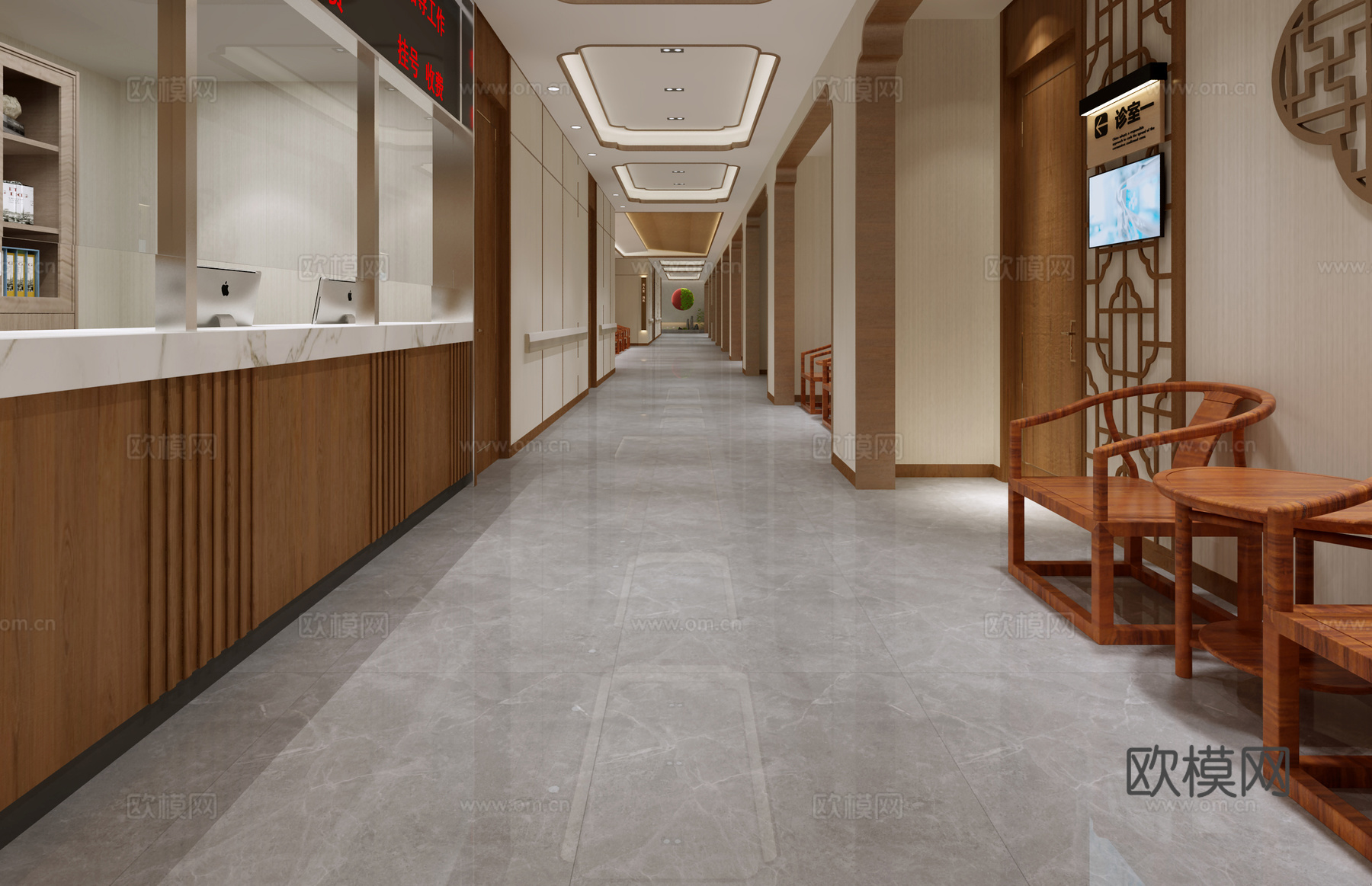 新中式现代中医馆 医院大堂cad施工图下载（渲染图3）
