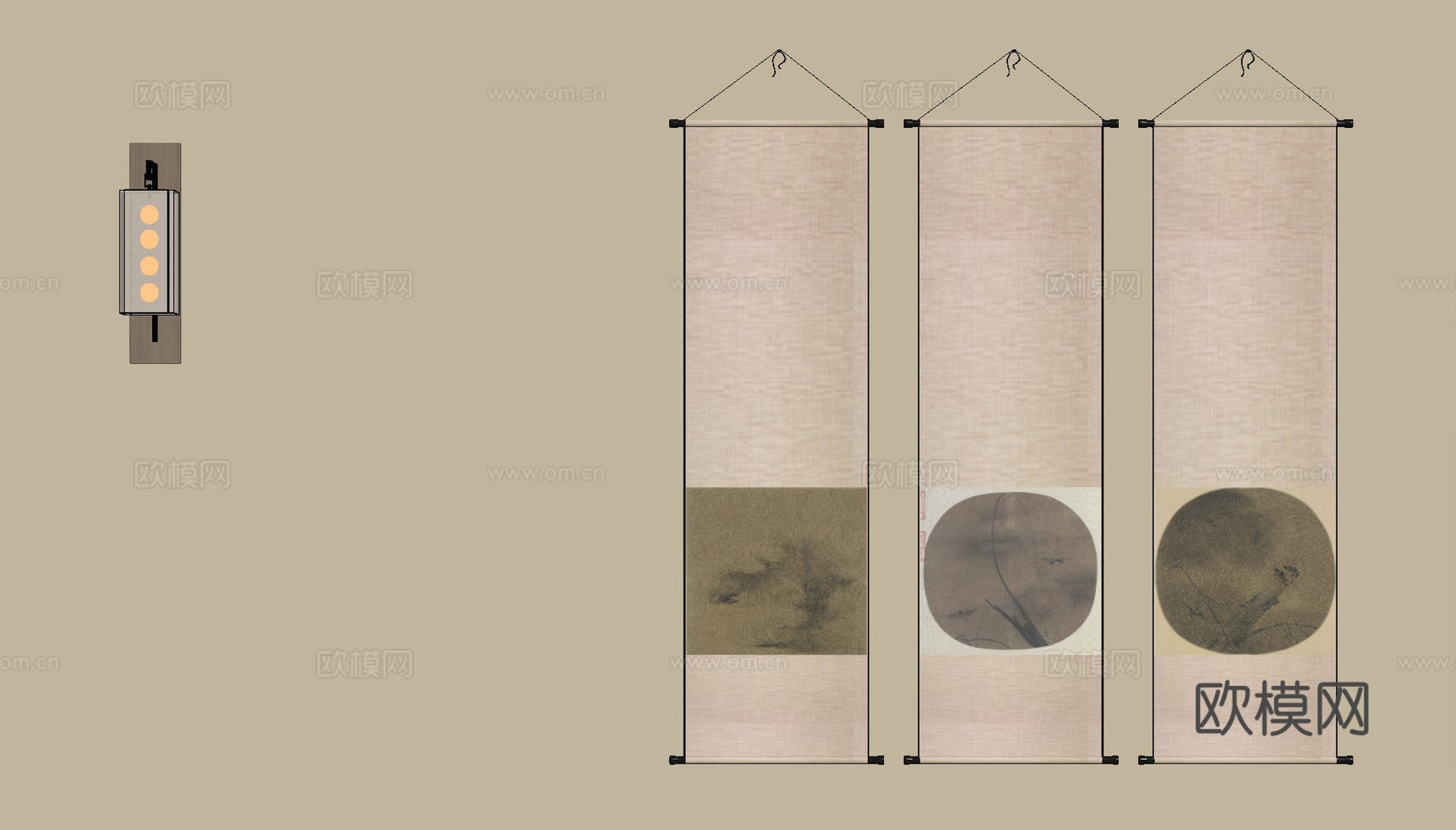 新中式禅意装饰画 宋式挂画 侘寂风挂画 中古风卷轴画 山水字su模型下载（渲染图2）
