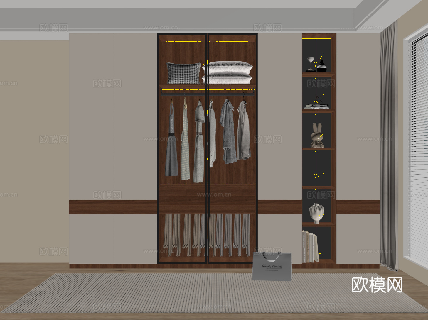 现代中古衣柜 定制通顶衣柜 玻璃门衣柜su模型