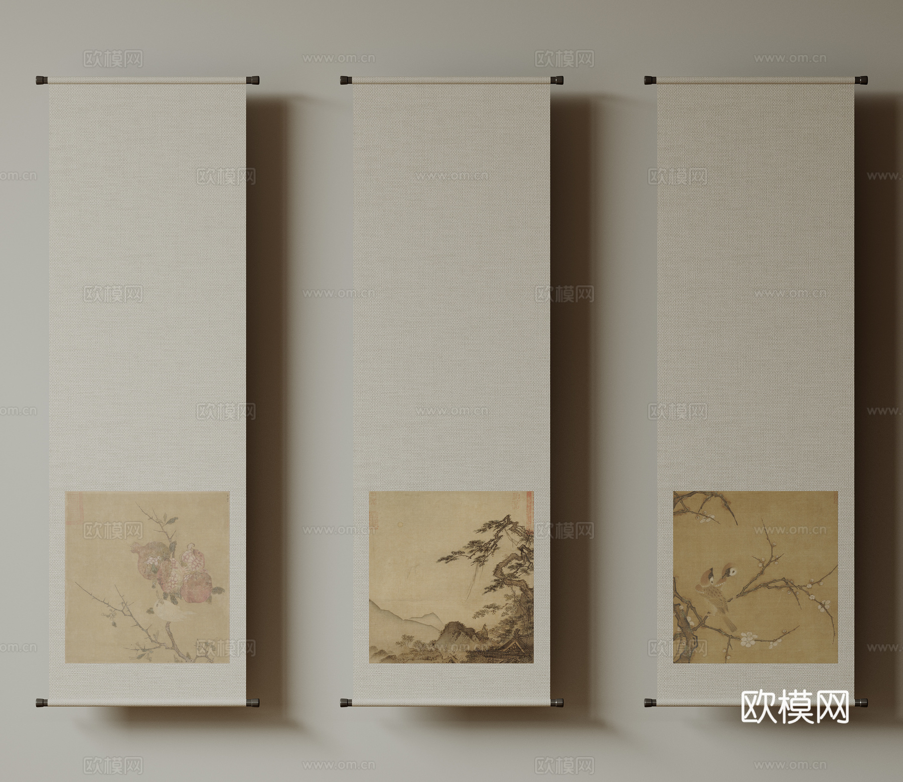 新中式禅意装饰画 宋式挂画 侘寂风挂画 中古风卷轴画 山水字su模型