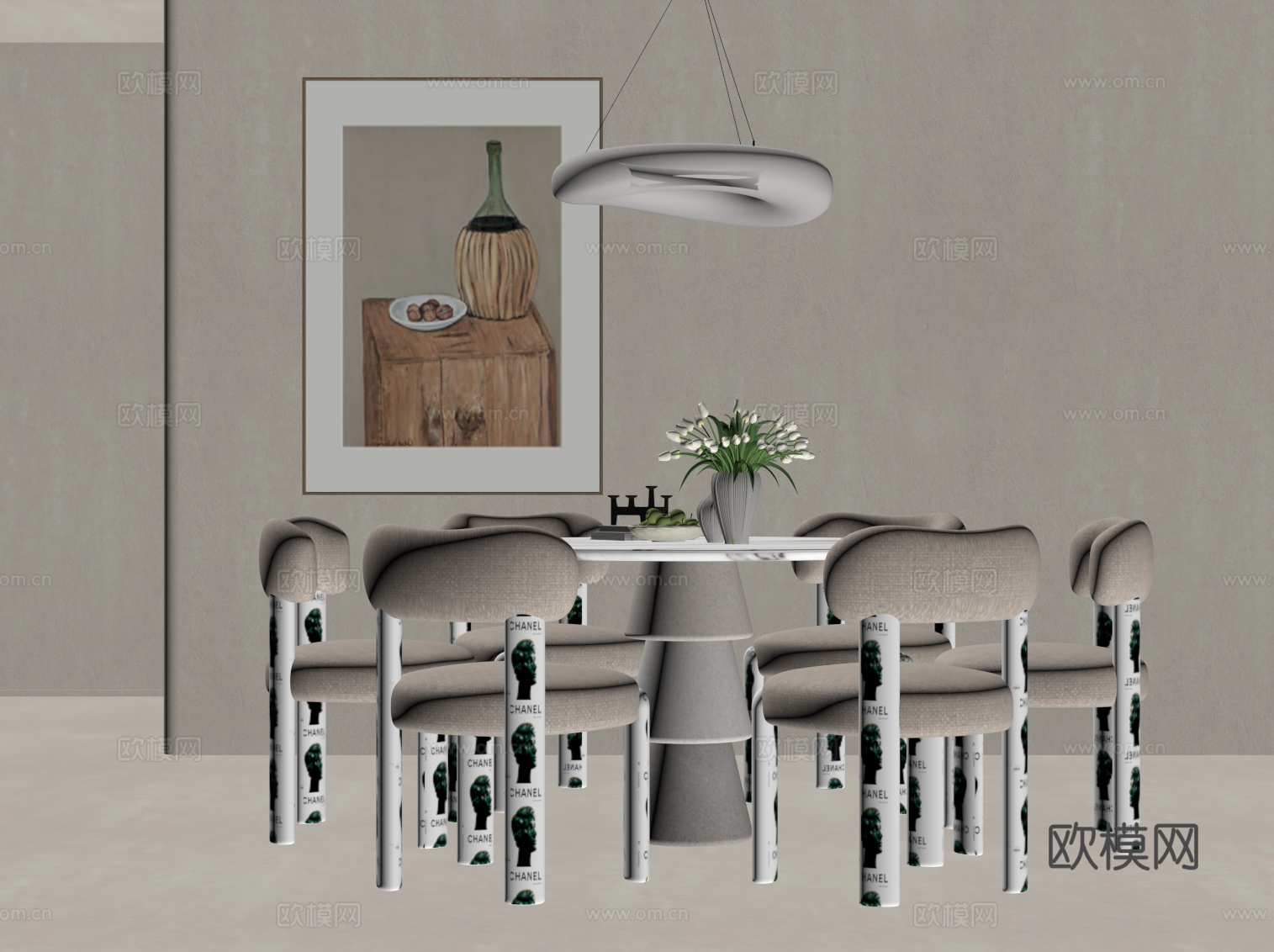 奶油风餐桌椅su模型