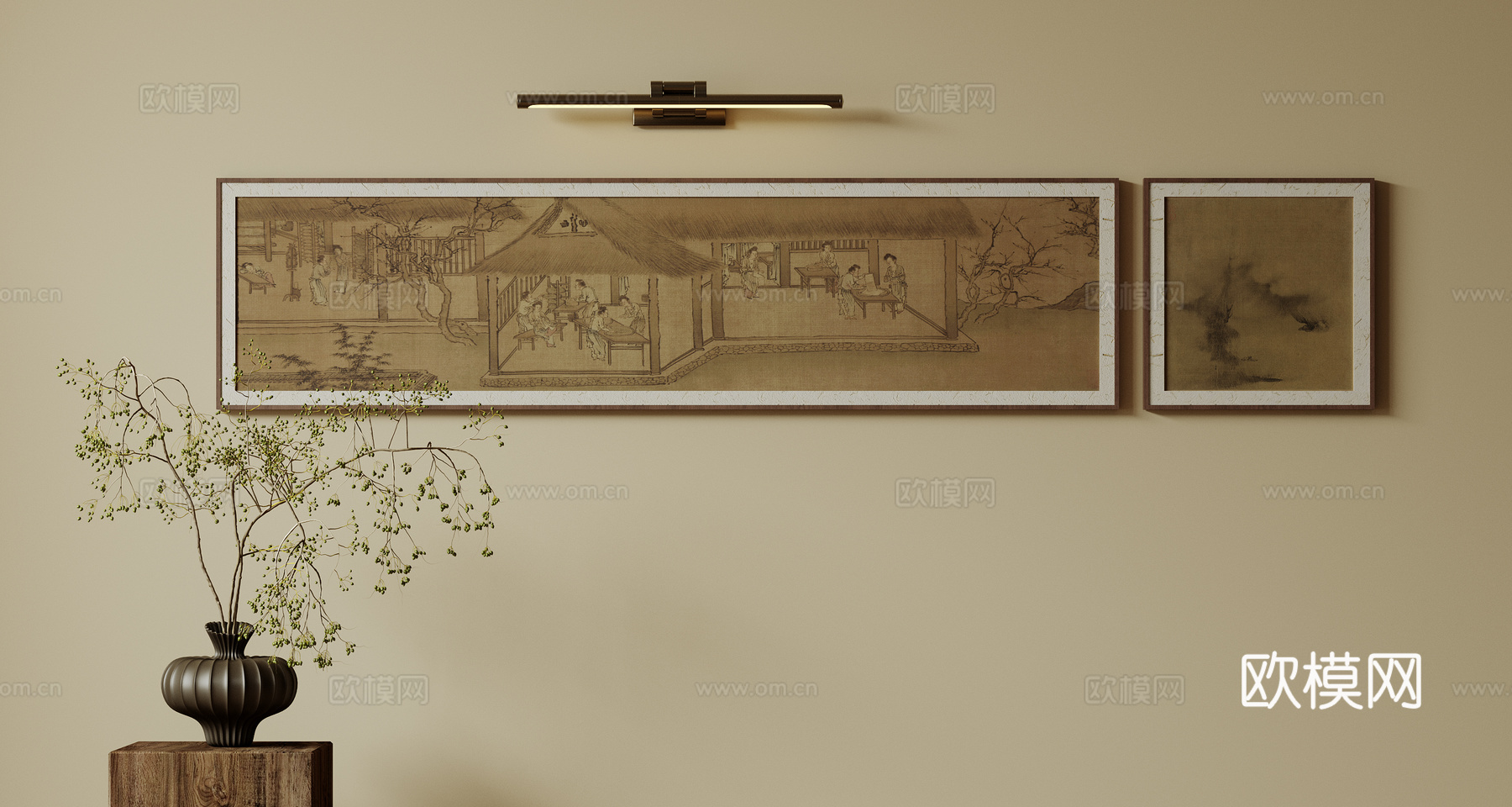 新中式禅意装饰画 宋式挂画 侘寂风挂画 中古风卷轴画 山水字su模型